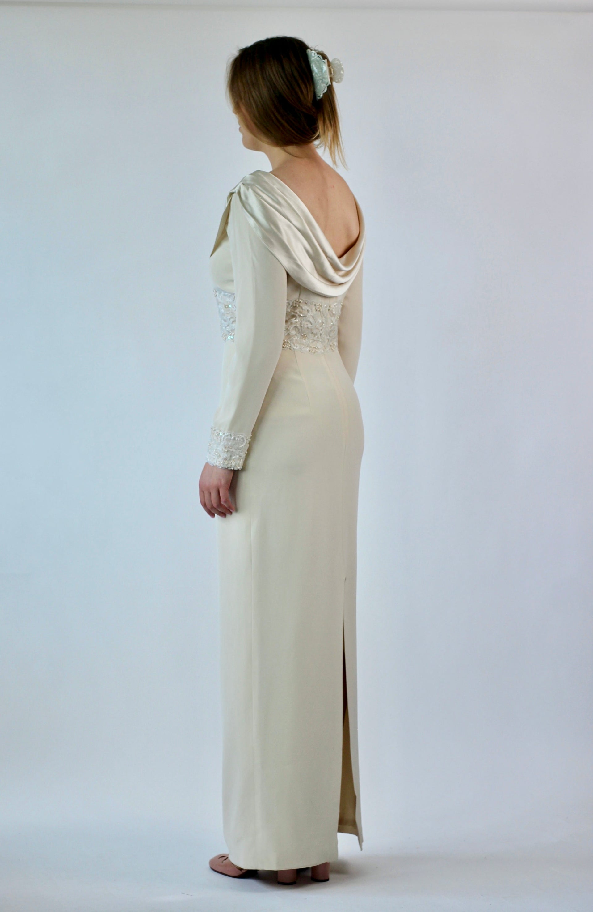 Black Tie Olga Cassini Classic Cream Long Bridal Sheath with Shawl Collar//Beaded Sequins Band//Column//Size M