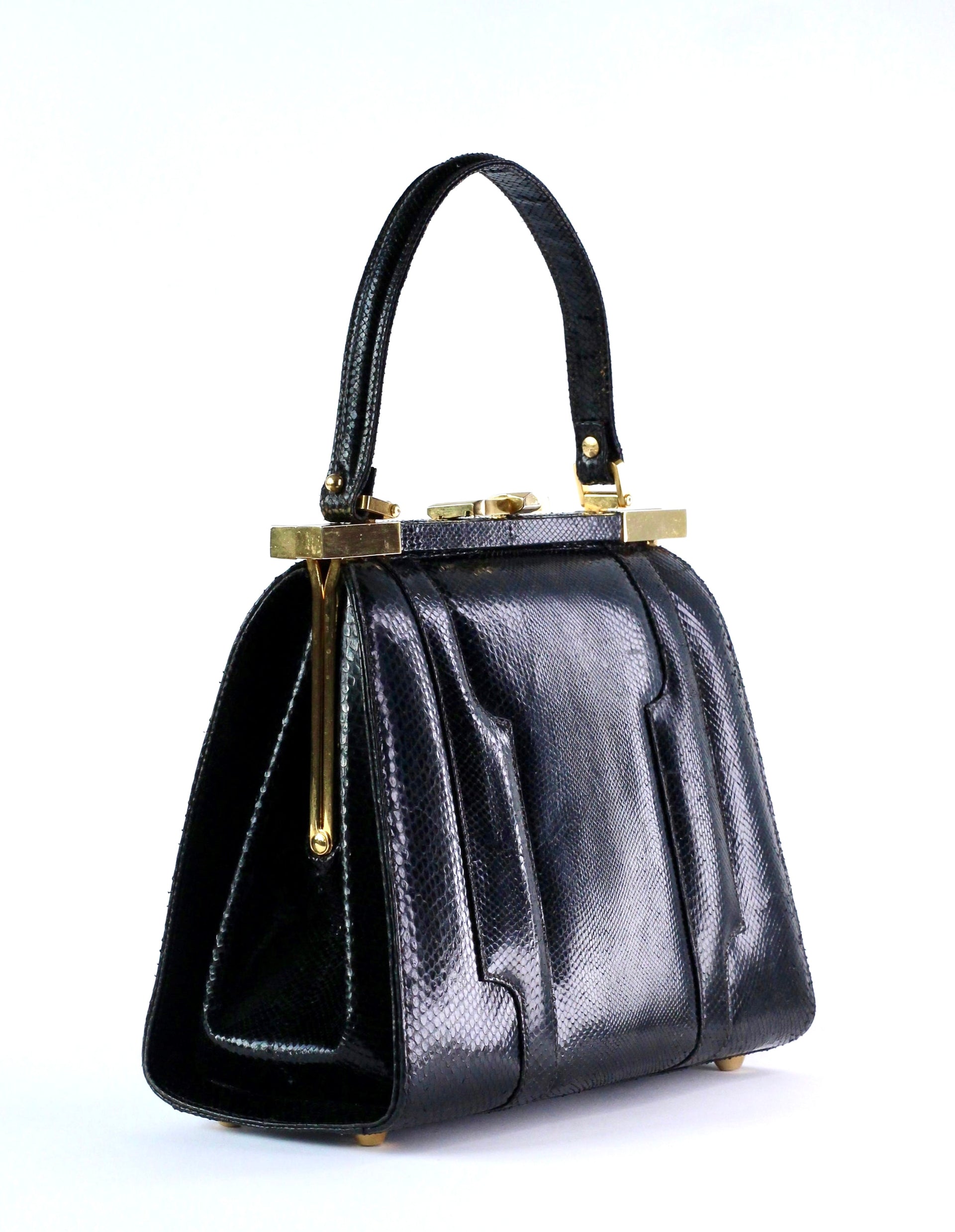 1950s Vintage Black Leather Top Handle Bag