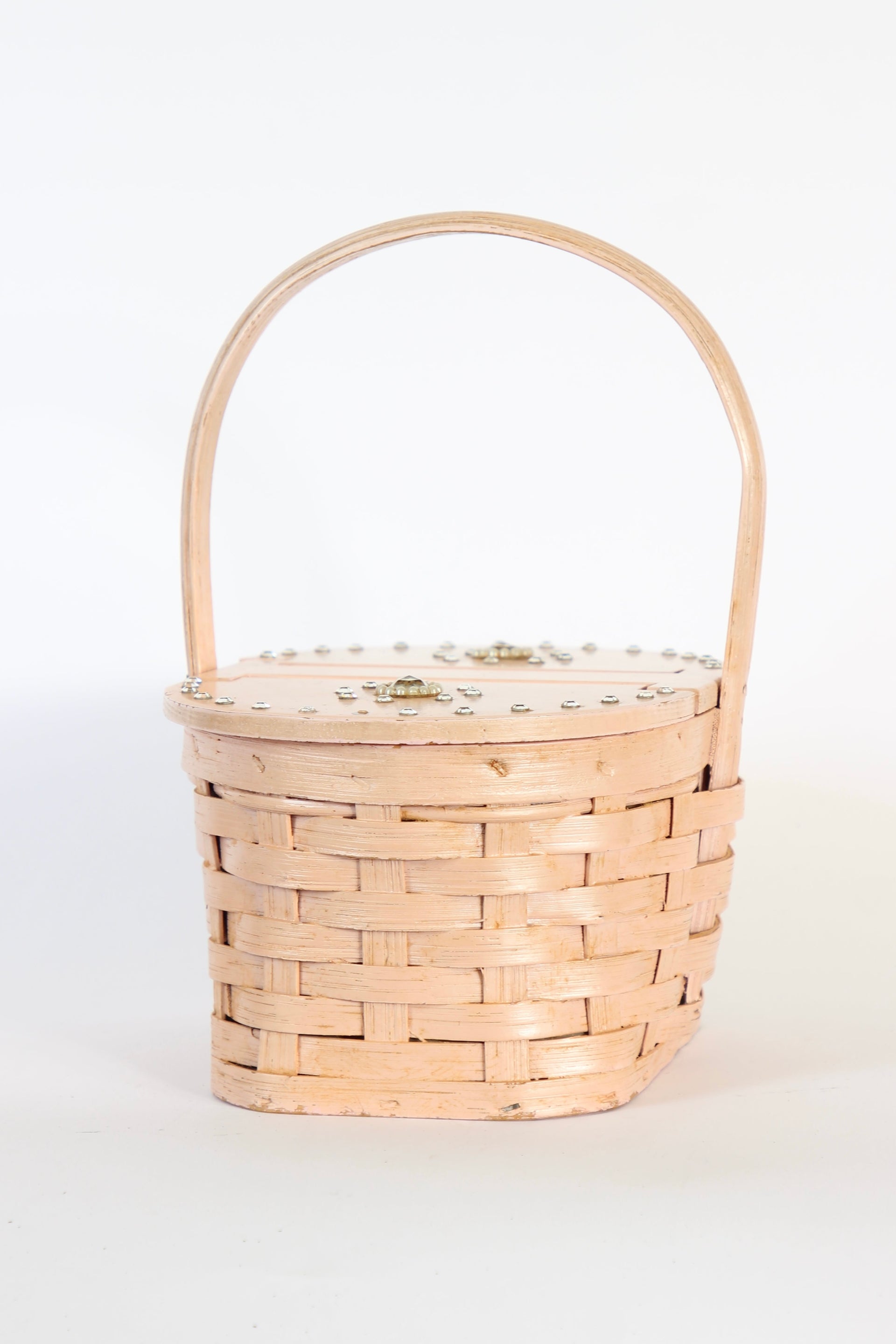 1950s Vintage Rose Woven Wood Basket Bag Purse