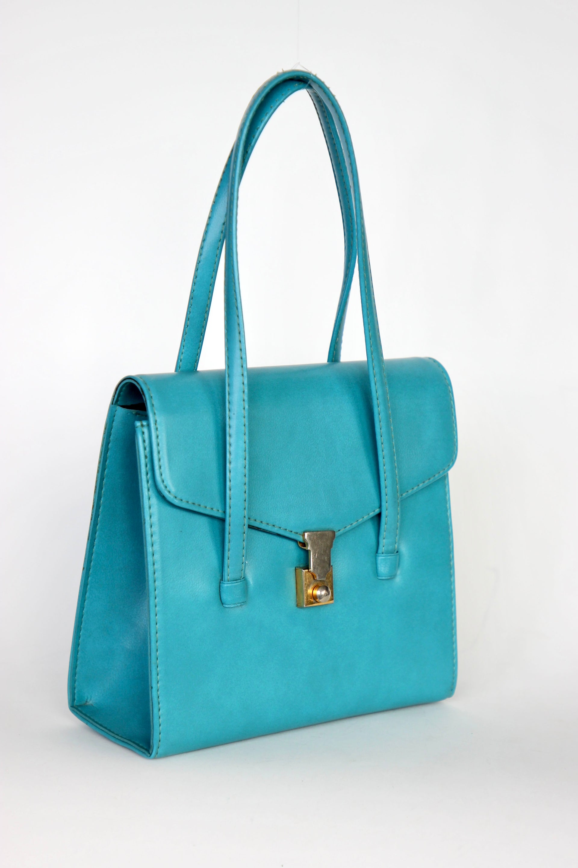 1970s Vintage Blue Vinyl Purse / Top Handle Bag