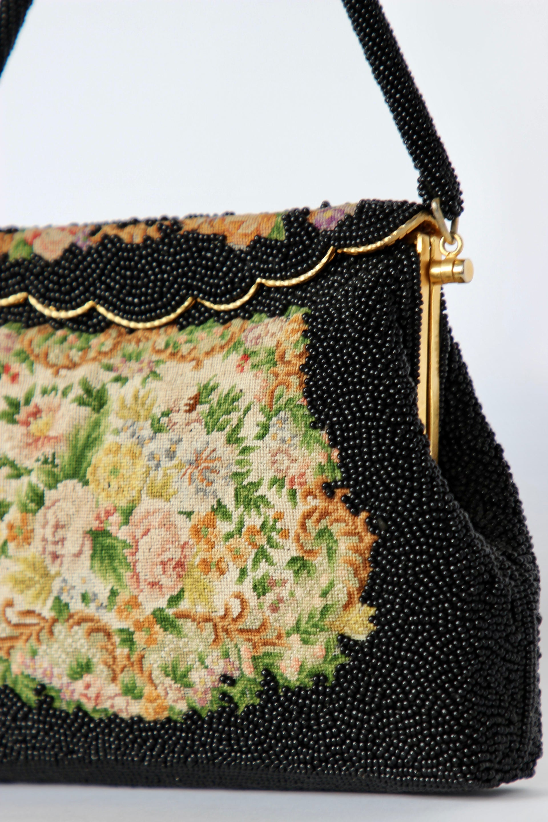 1940s 1950s Vintage Black Beaded & Floral Petit Point Evening Bag