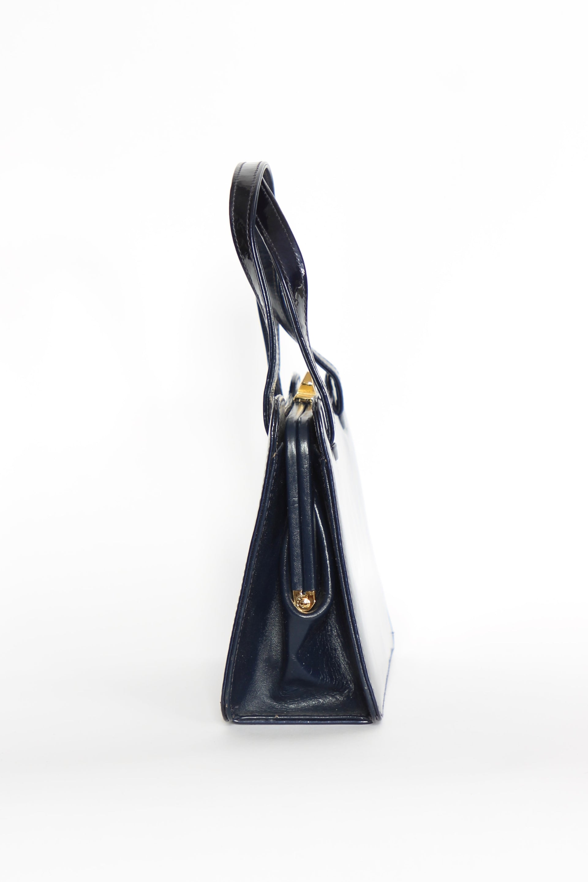 1950s 1960s Vintage Navy Blue Patent Leather Top Handle Bag/Purse
