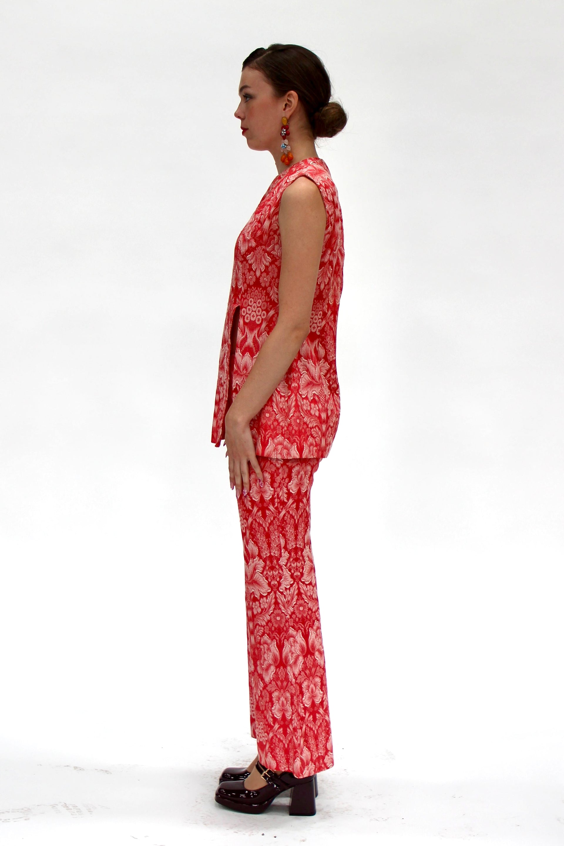 1950s Vintage Red and White Brocade Pantsuit // Size XS