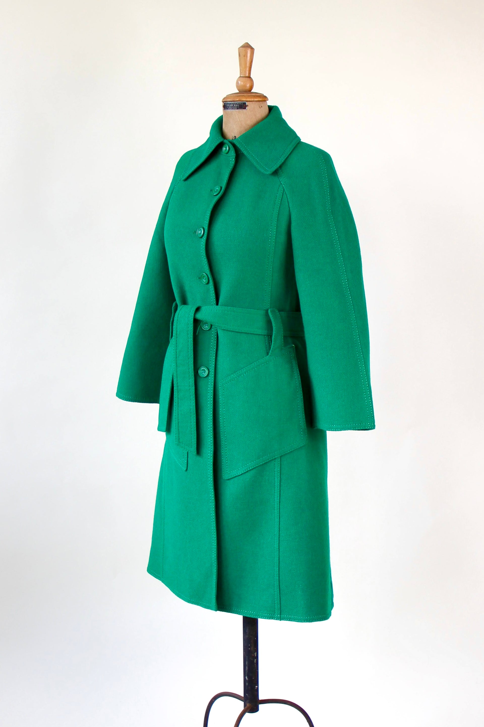 1970s Vintage Designer Green Wool Mod/Trench Coat // Size M