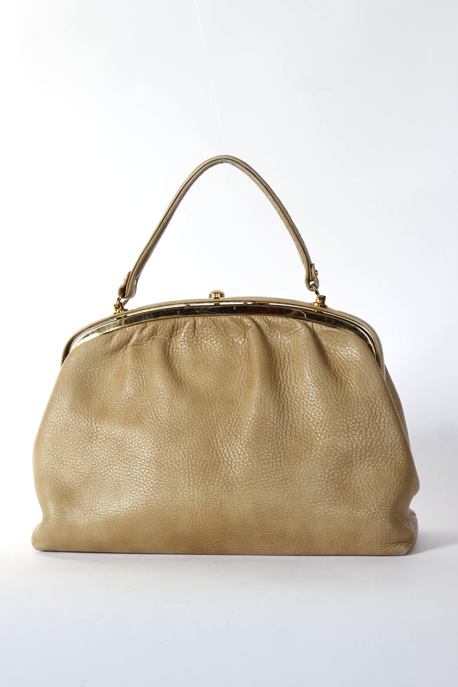 1960s Vintage Beige Leather Top Handle Bag with Green Leather Linen