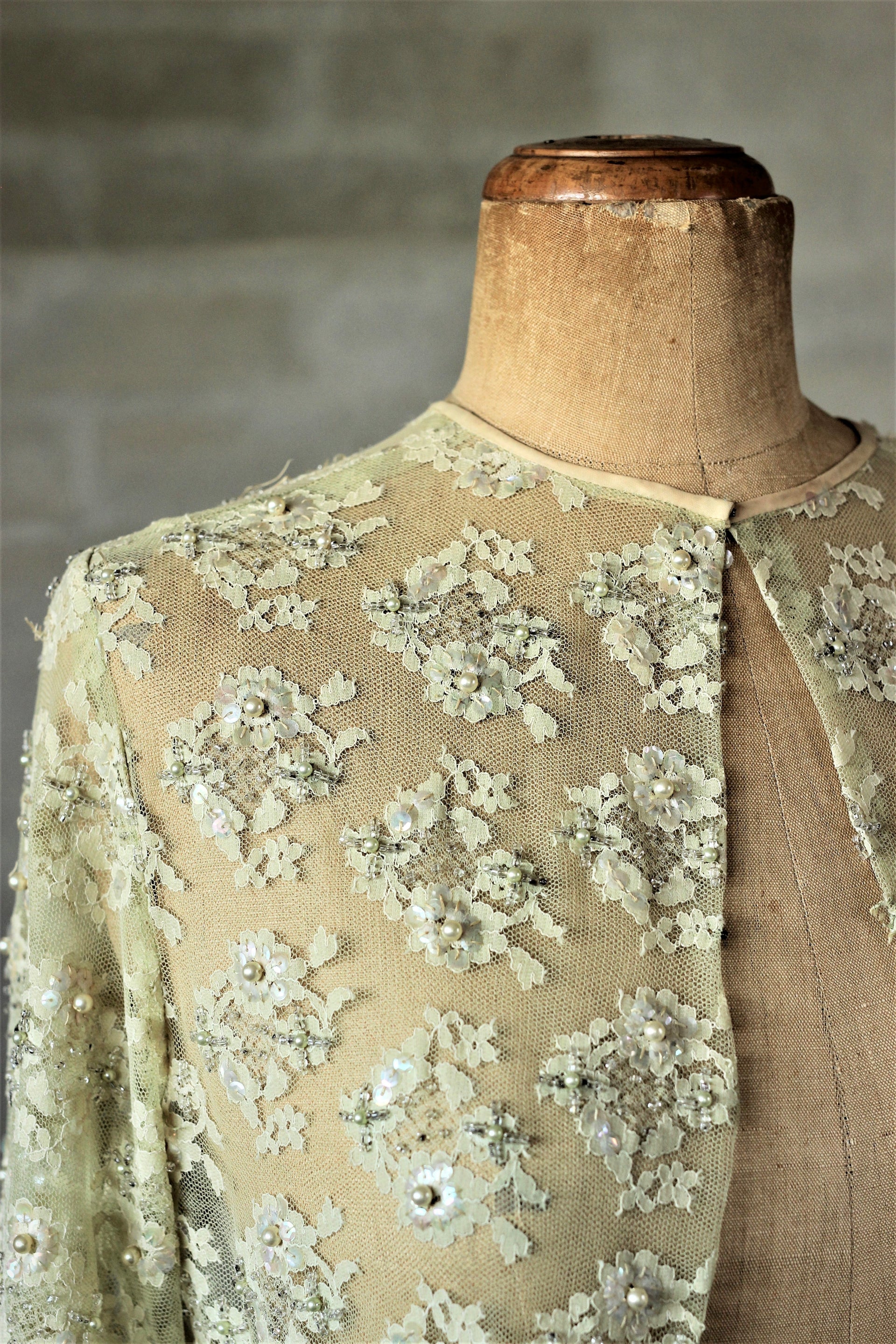 1960s Pale Yellow Tulle Jacket with Sequins and Beads//Size M