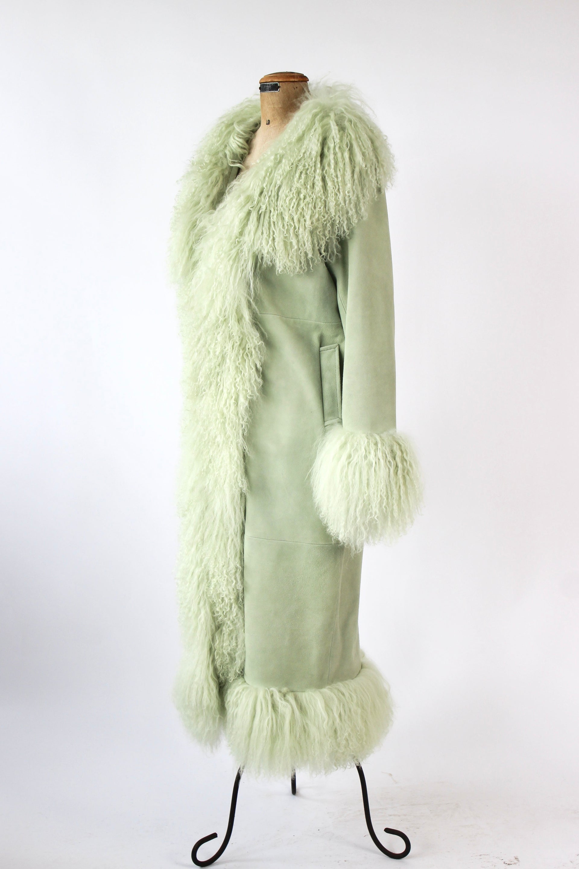 Mint Green Suede Leather Coat with Mongolian Sheep Fur