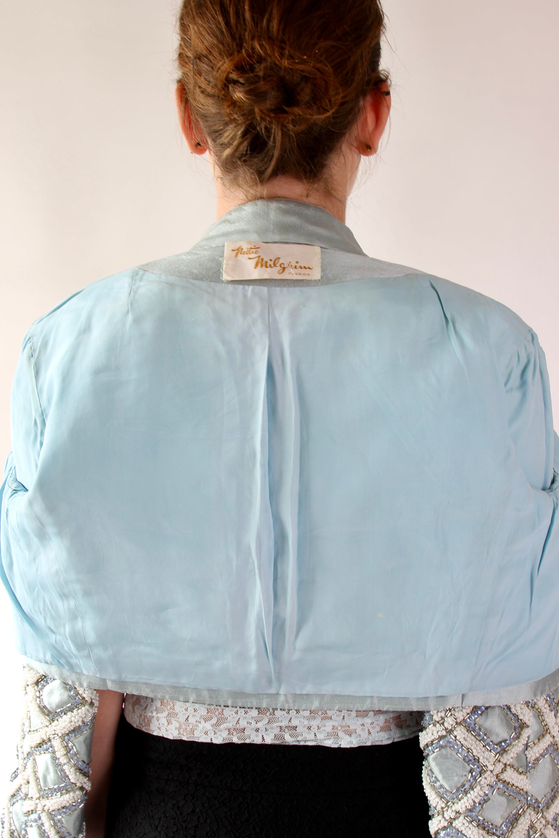 1950s 1960s Vintage Ice Blue Beaded Cropped Jacket/Bolero // Size S/M