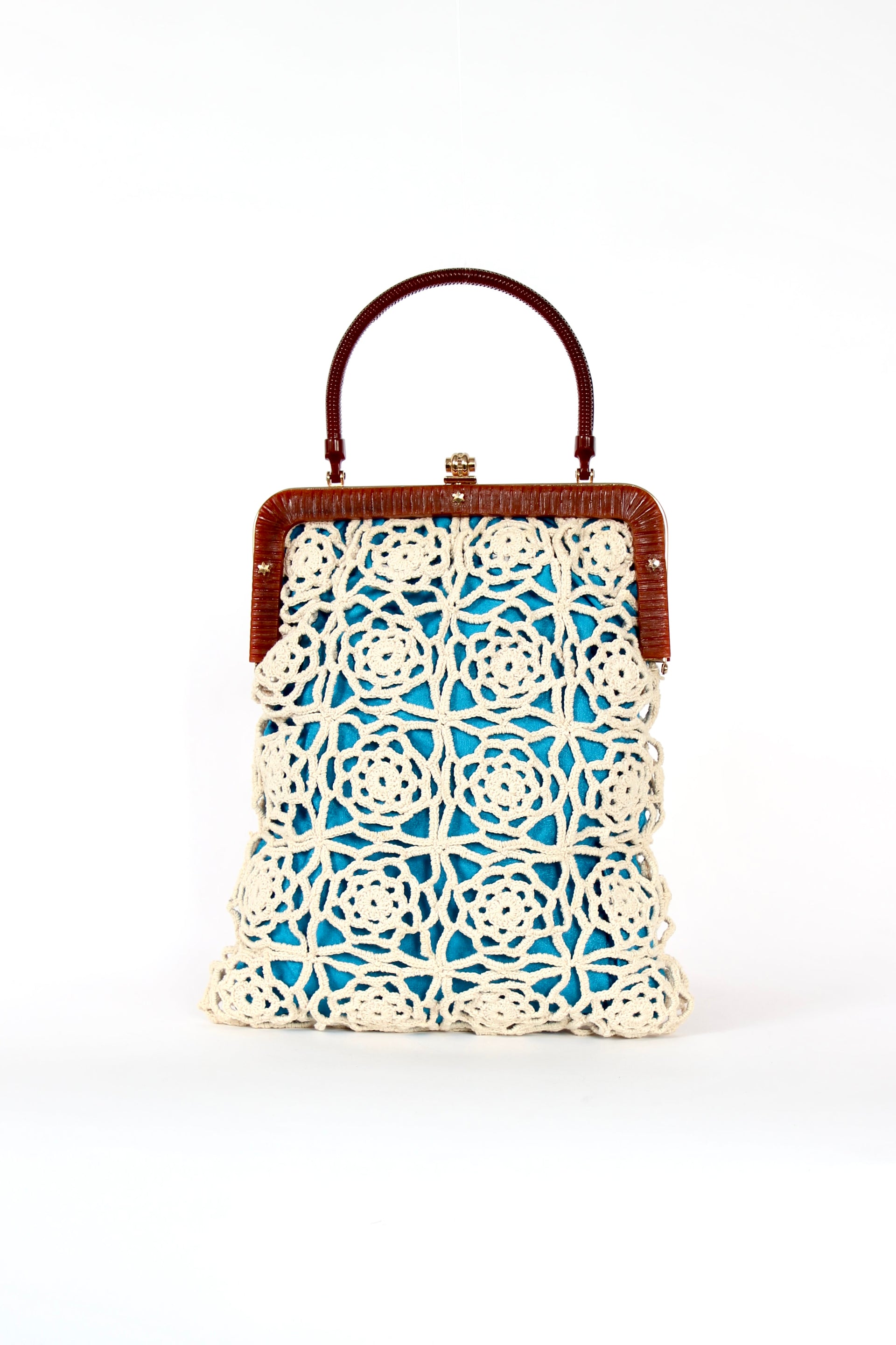 1960s Vintage Handmade Crochet Bag with Plastic Handle and Frame
