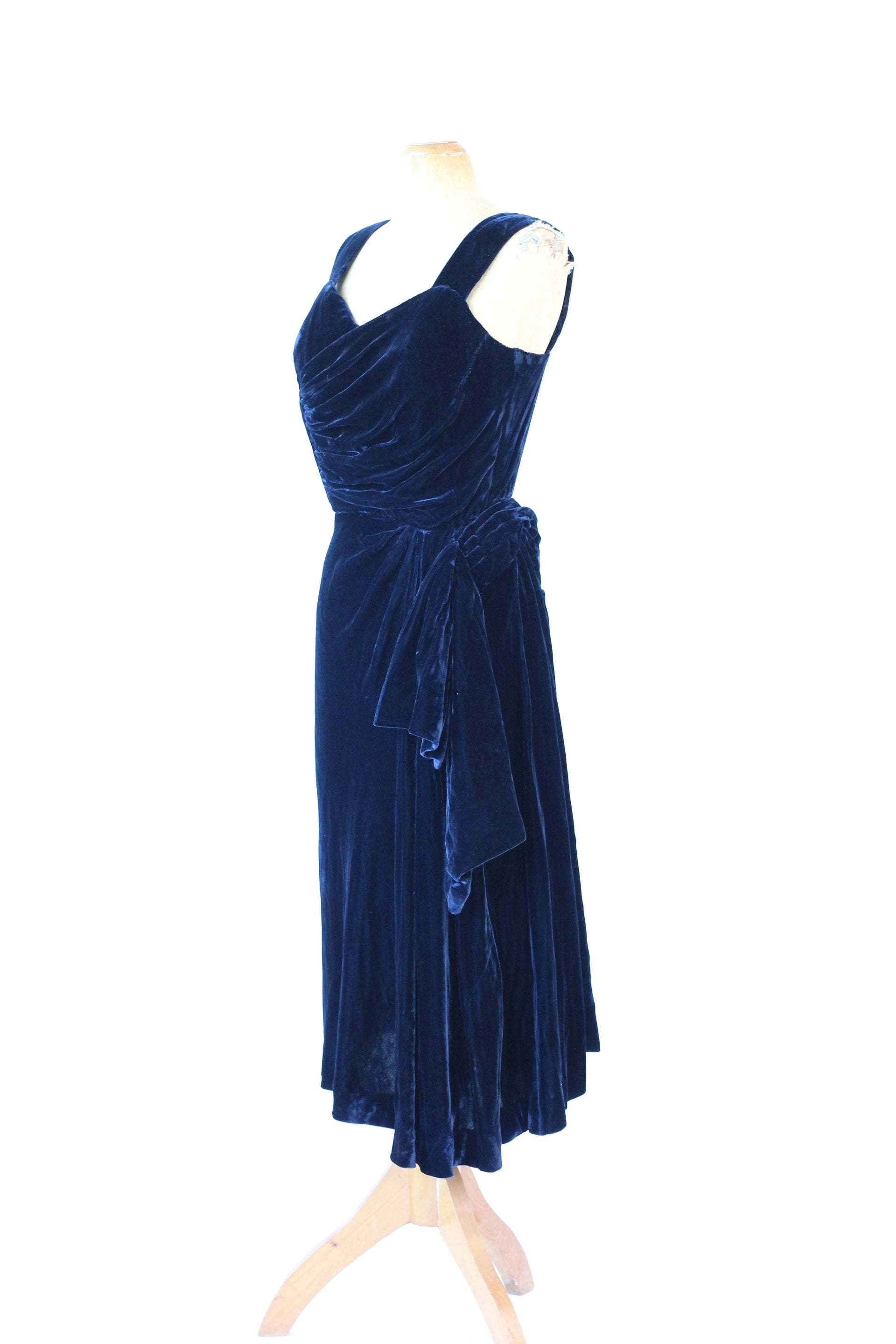 1950s Dark Blue Velvet Silk Dress//Size M