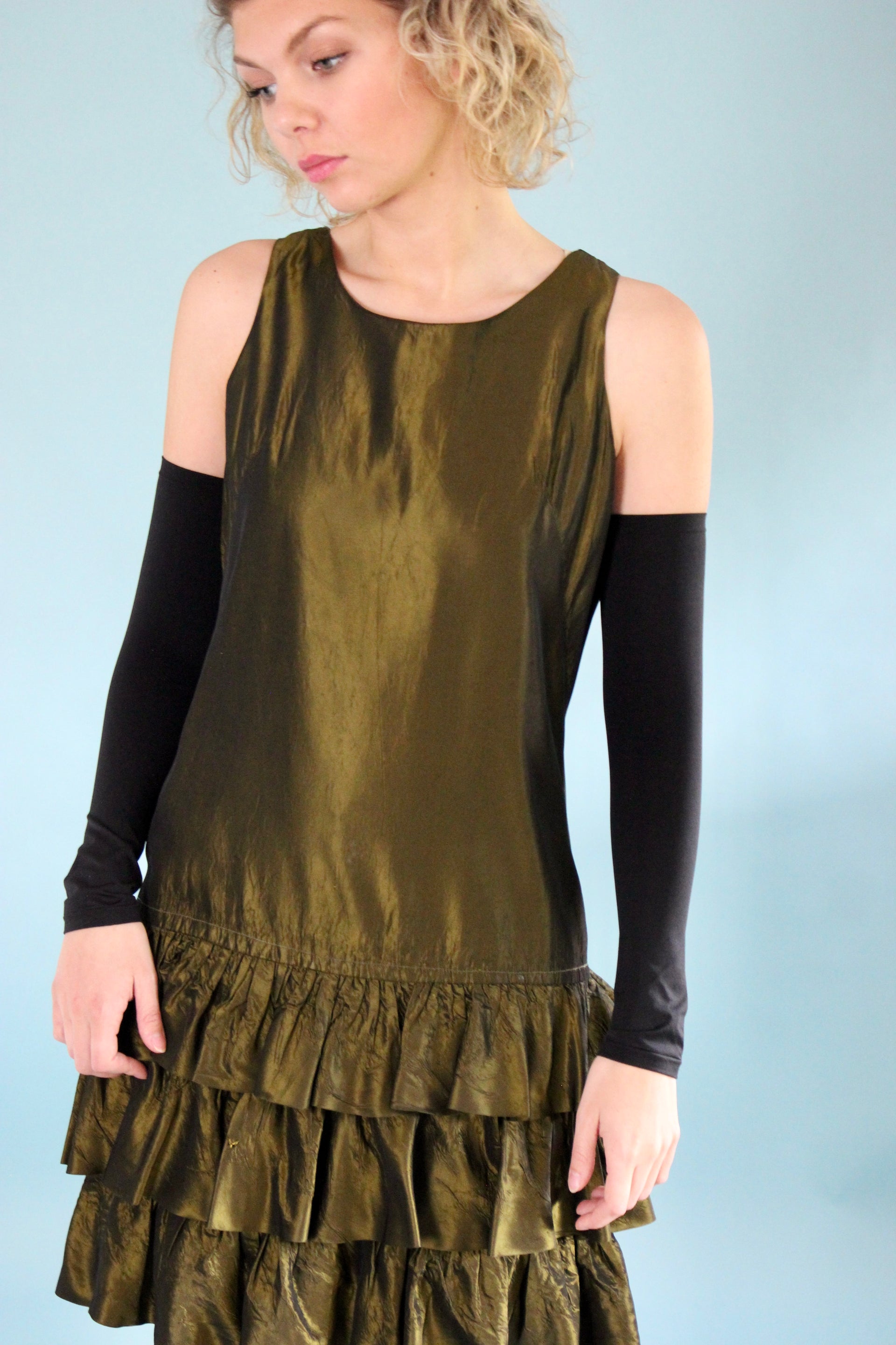 1960s Army Green Mini Dress with Ruffle Skirt // Size M