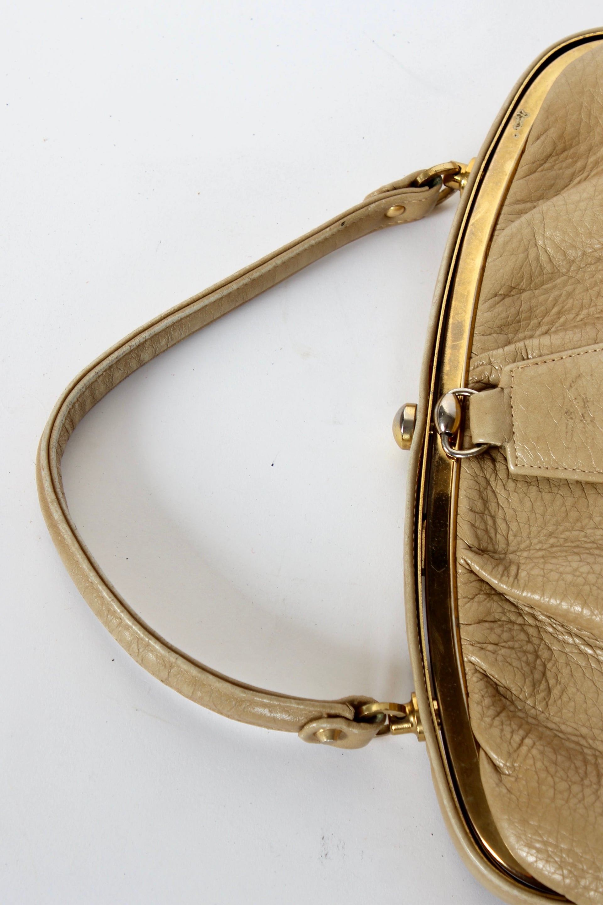1960s Vintage Beige Leather Top Handle Bag with Green Leather Linen
