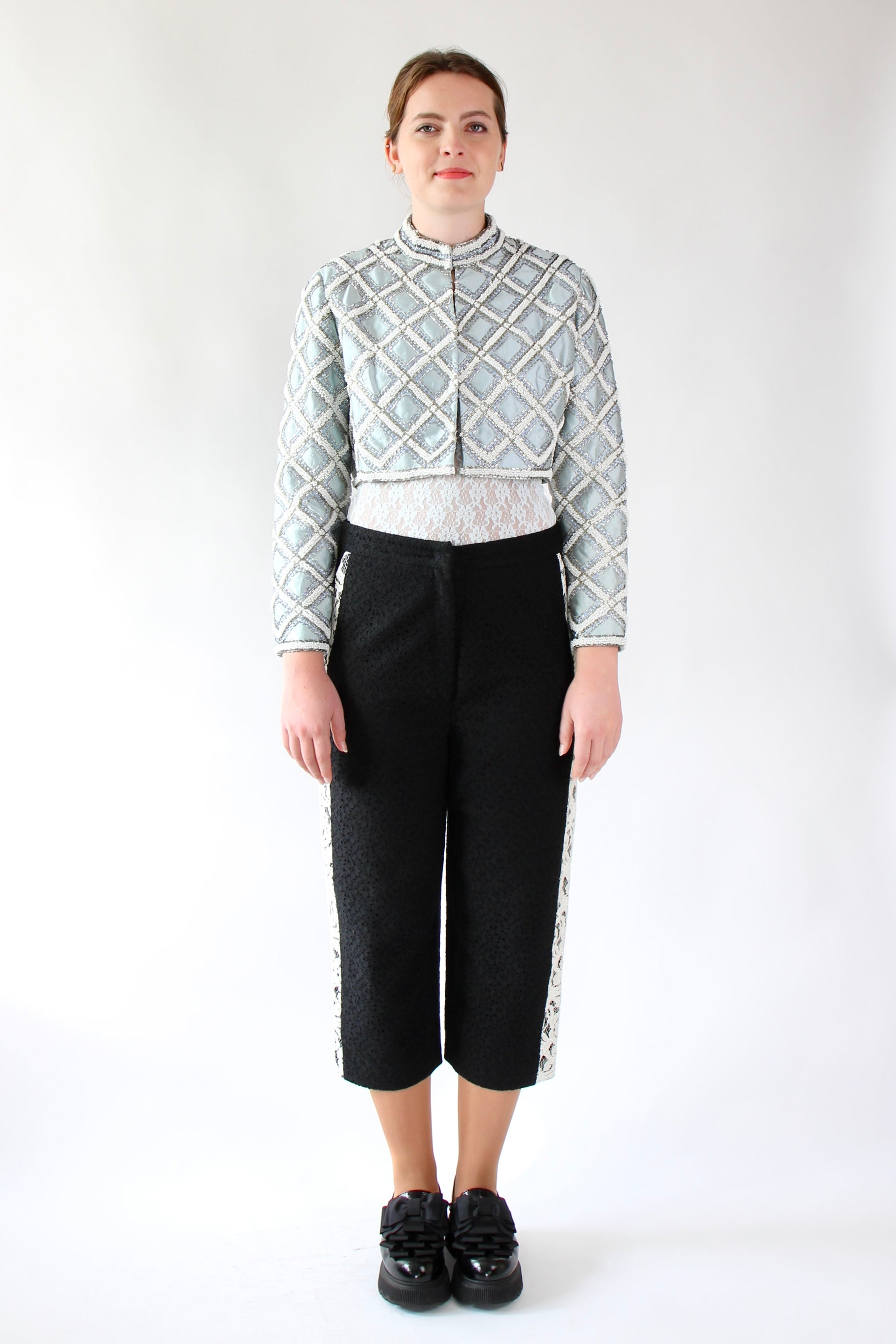 1950s 1960s Vintage Ice Blue Beaded Cropped Jacket/Bolero // Size S/M