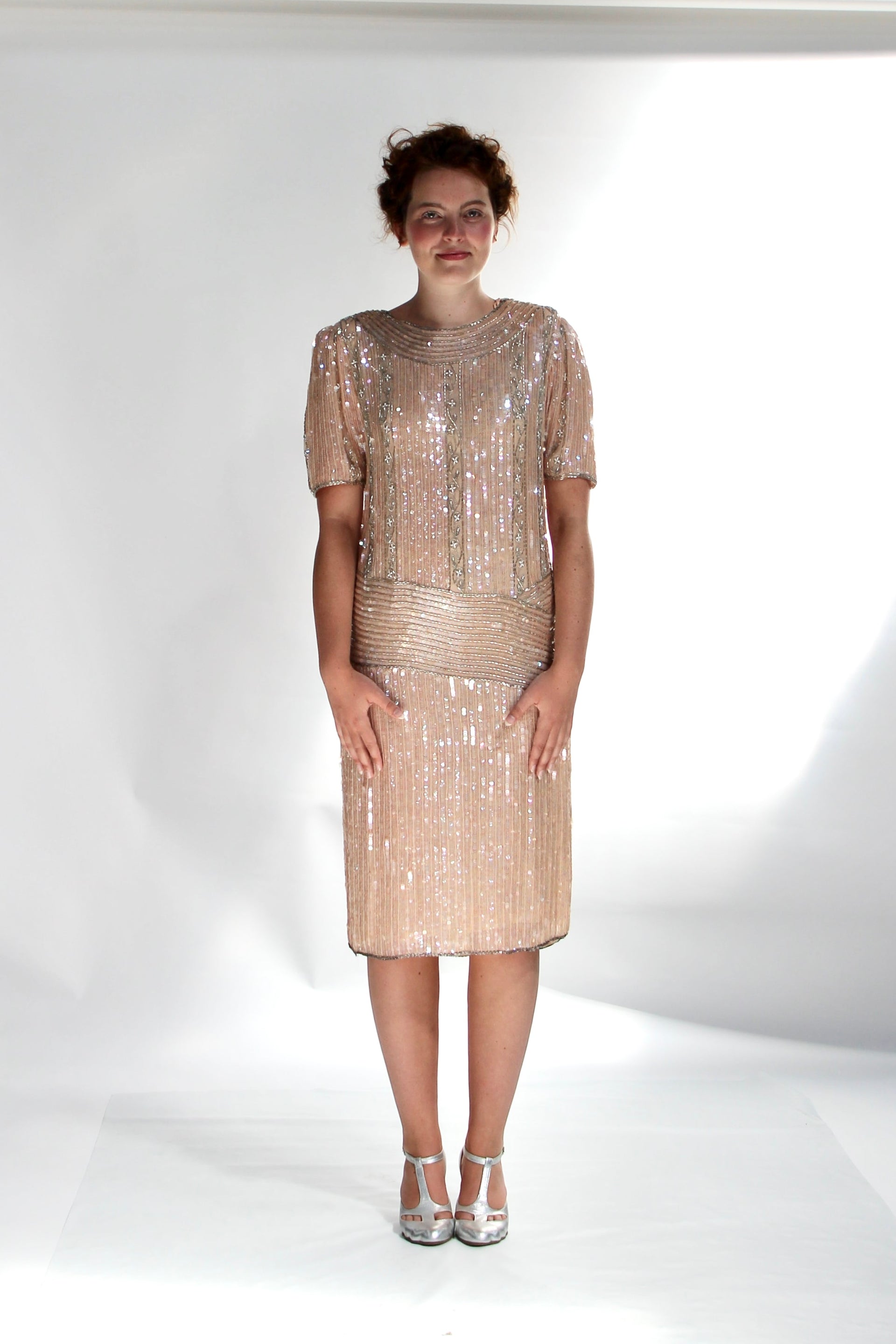 Vintage Beaded Sequin Silk Dress// Size M