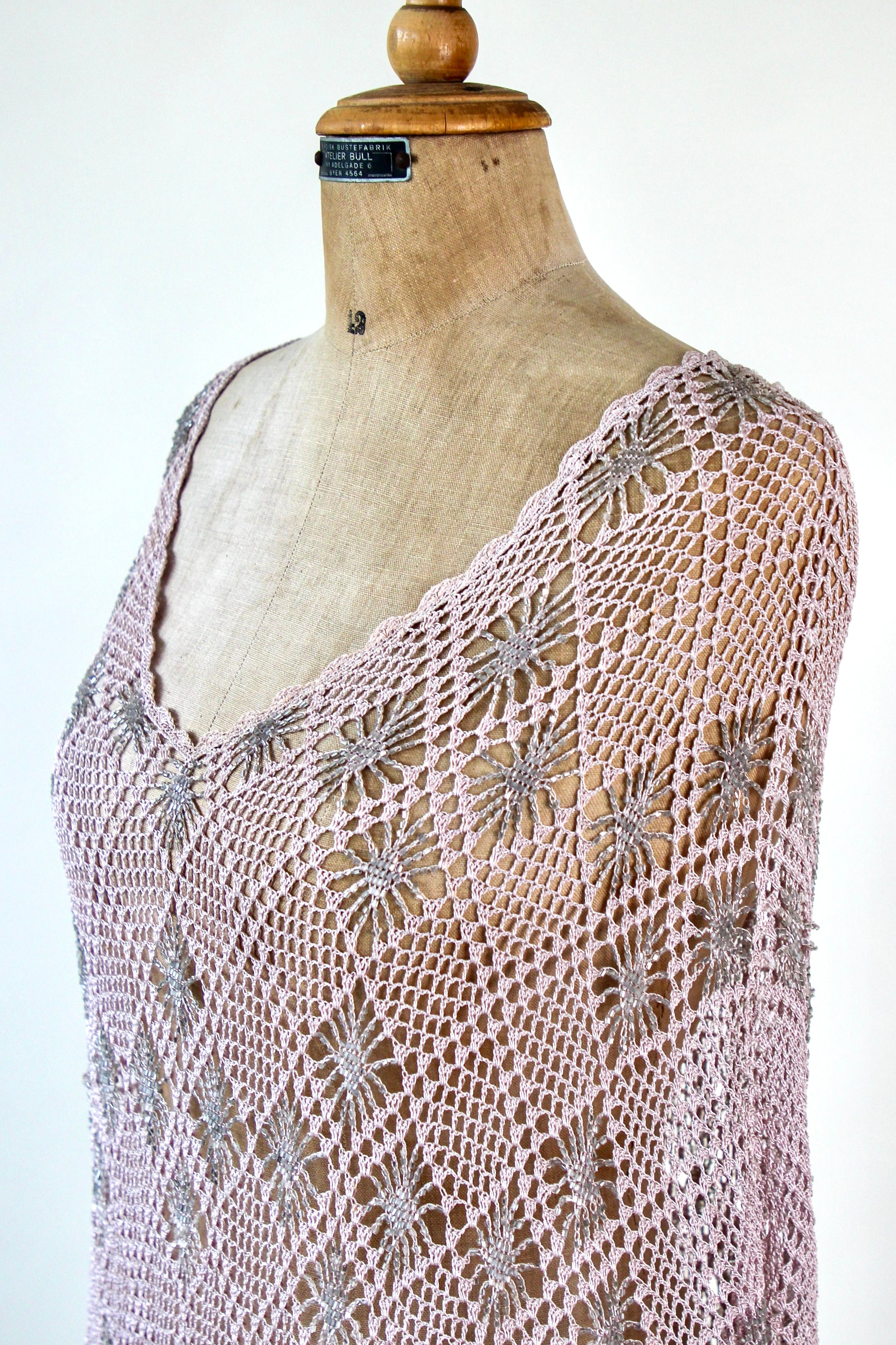 Vintage Pale Pink Beaded Crochet Poncho