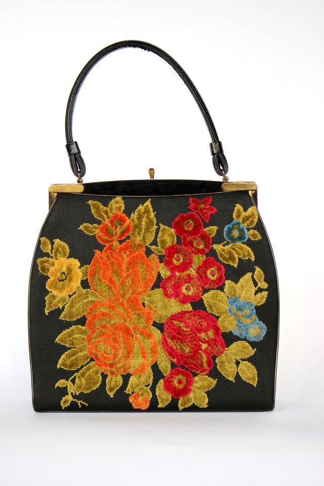 1940s 1950s Vintage Large Black Embroidered Top Handle Bag