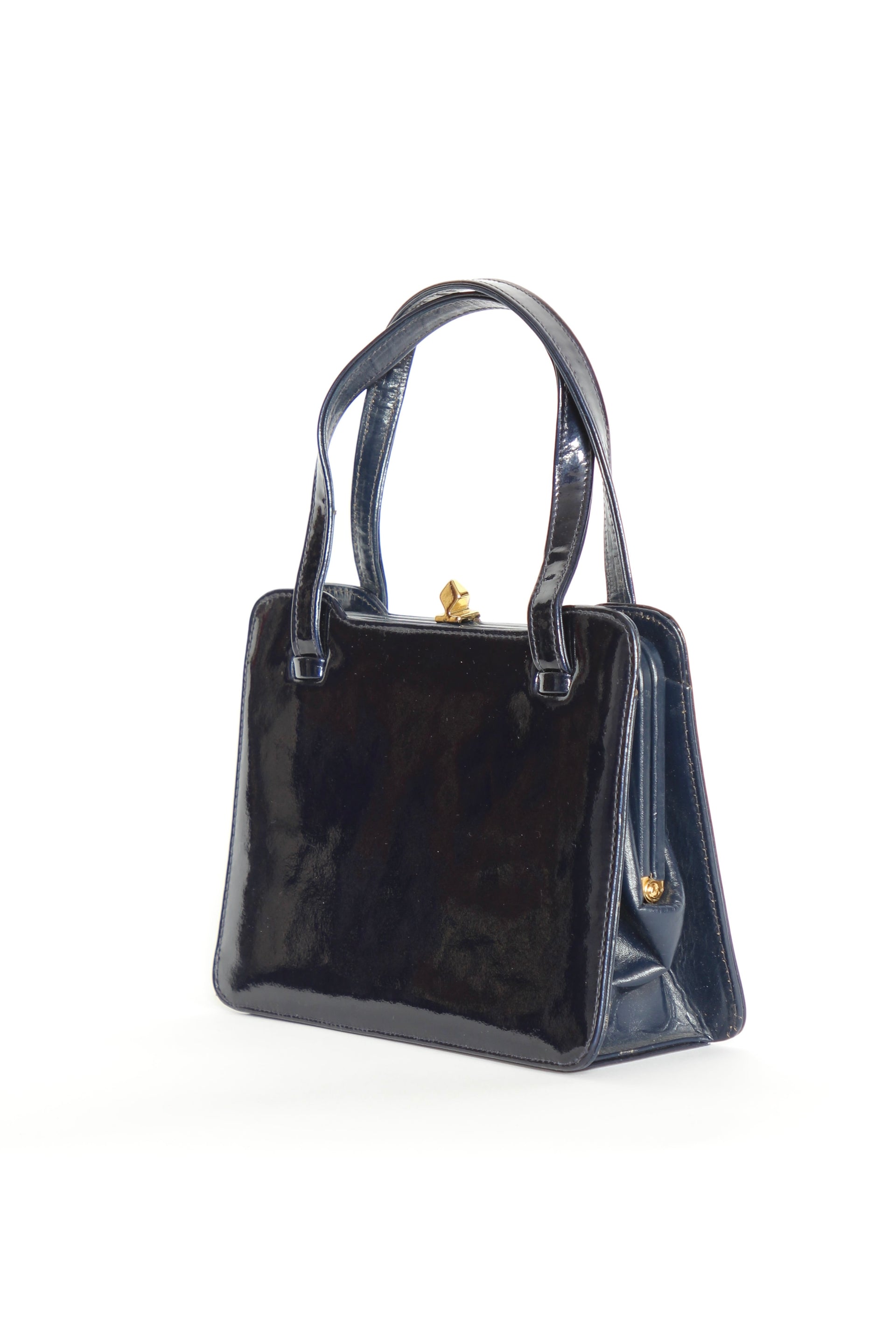 1950s 1960s Vintage Navy Blue Patent Leather Top Handle Bag/Purse
