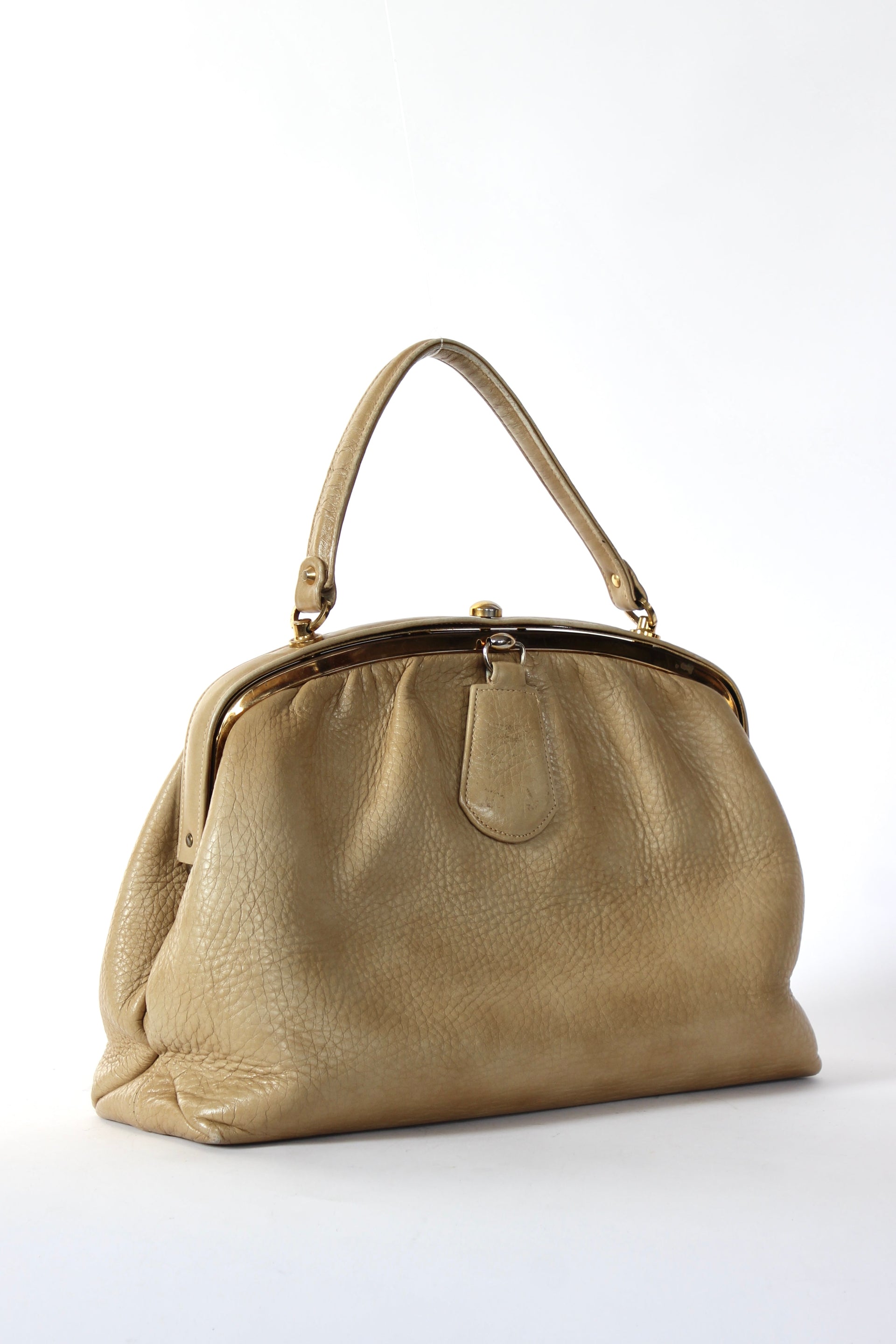 1960s Vintage Beige Leather Top Handle Bag with Green Leather Linen