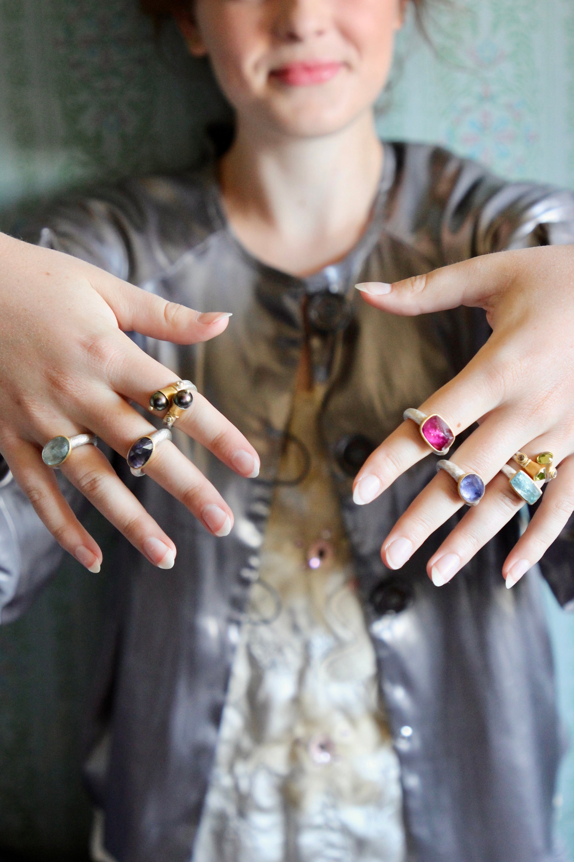 Handmade Aquamarine Cup Ring // Poppy Dandiya // Hammered Sterling Silver // 24K Filled Gold // Size 54