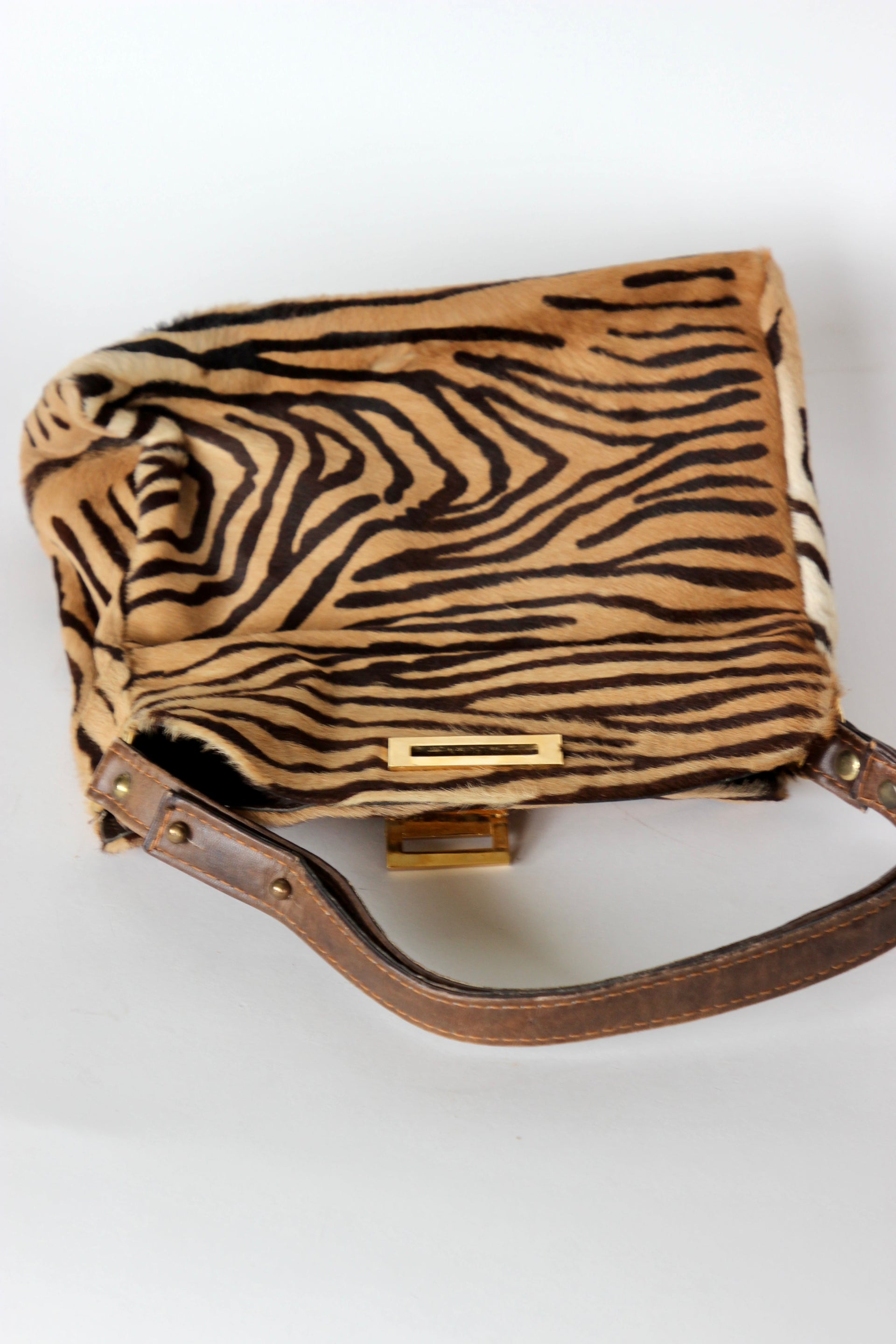 1960s Brown Fur Top Handle Bag with Tiger Pattern // Danish Design