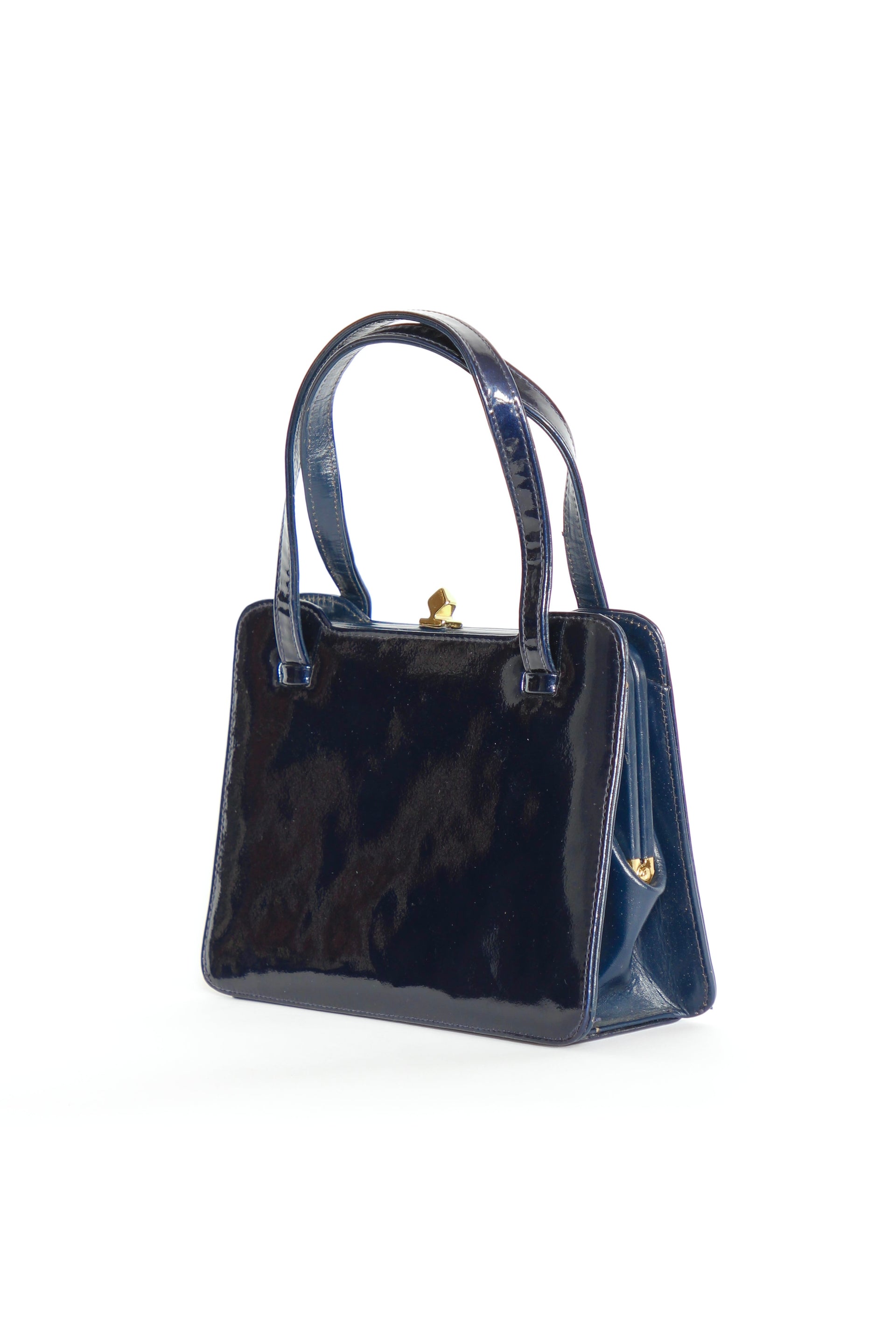 1950s 1960s Vintage Navy Blue Patent Leather Top Handle Bag/Purse