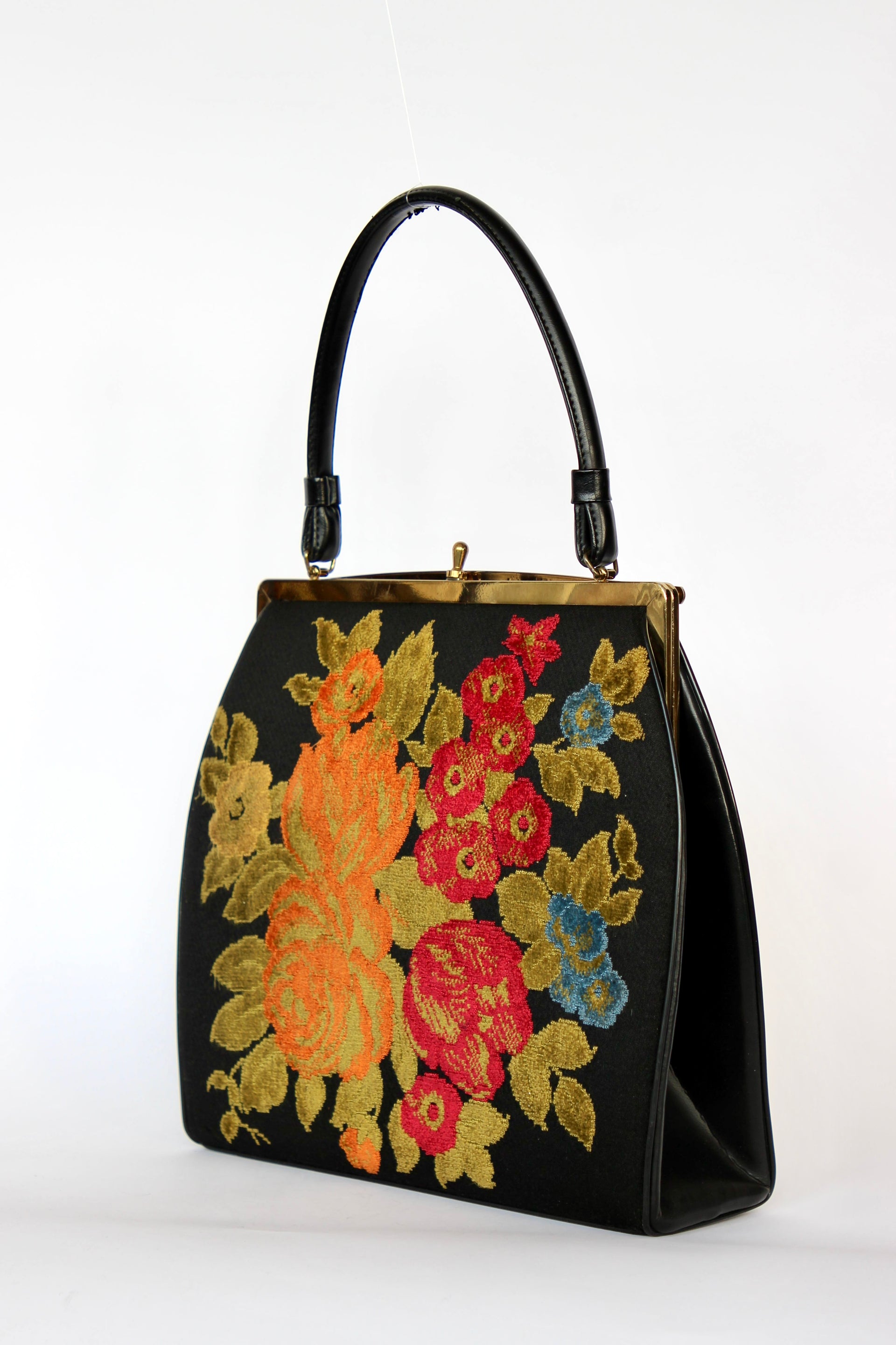 1940s 1950s Vintage Large Black Embroidered Top Handle Bag