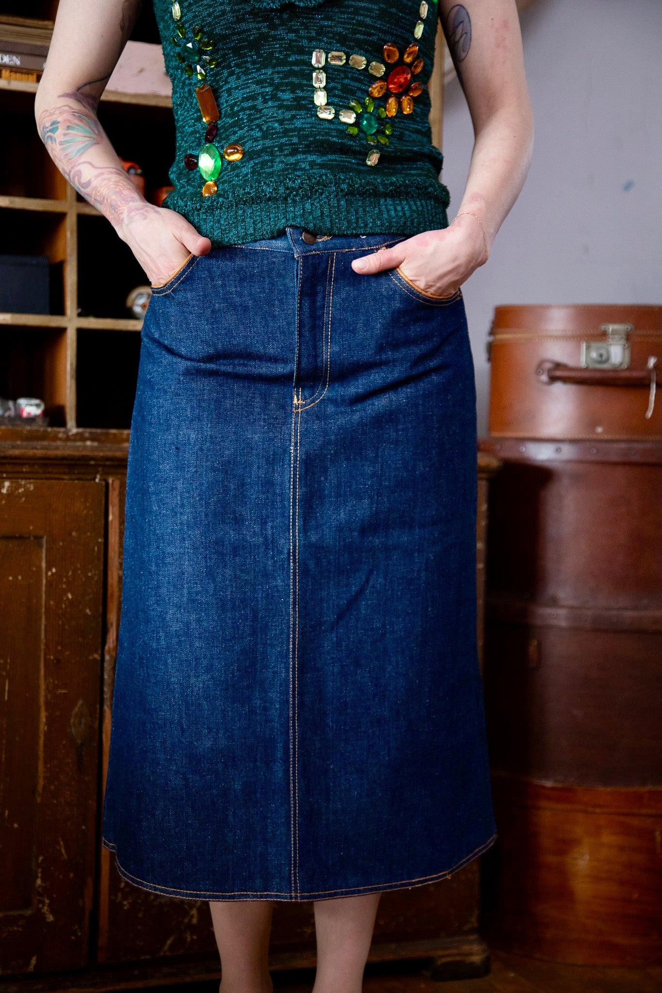 1970s DEADSTOCK Blue Denim Vintage Skirt With // Size M