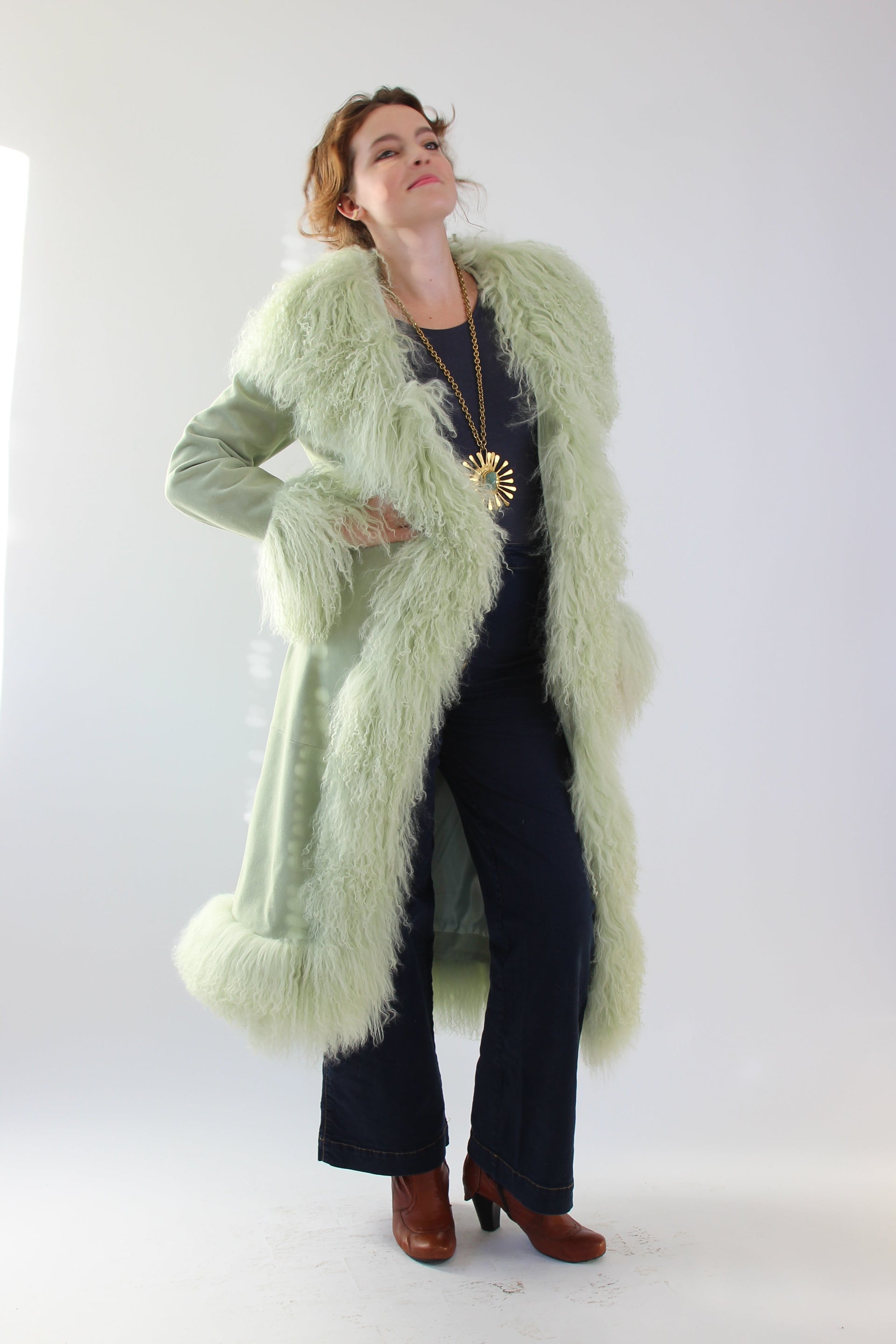 Mint Green Suede Leather Coat with Mongolian Sheep Fur