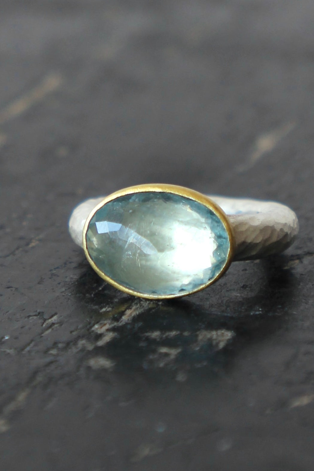 Handmade Aquamarine Ring // Poppy Dandiya // Hammered Sterling Silver // 24K Filled Gold // Size 53