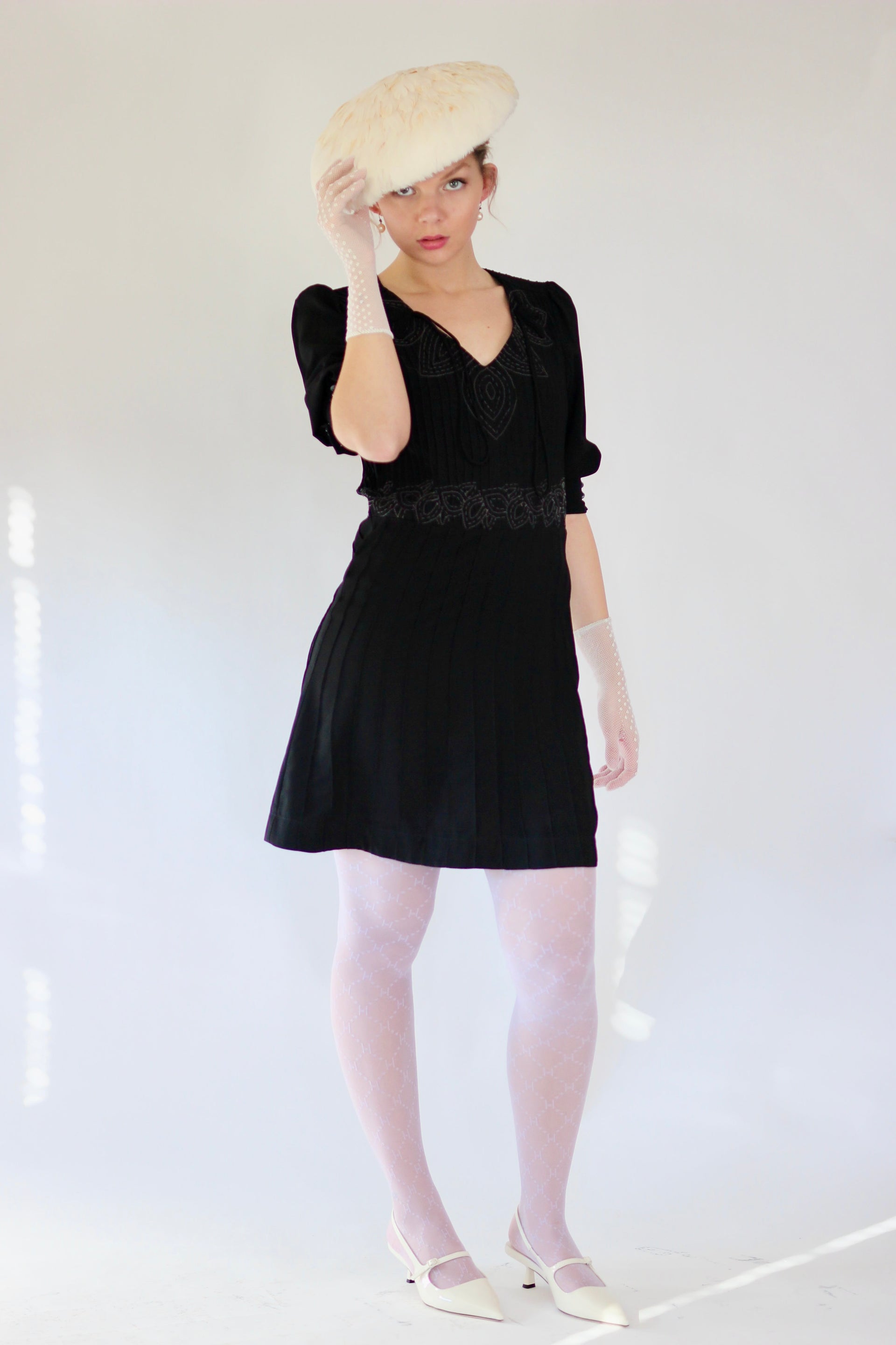Vintage Black Mini Dress with Grey Embroidery//Size M