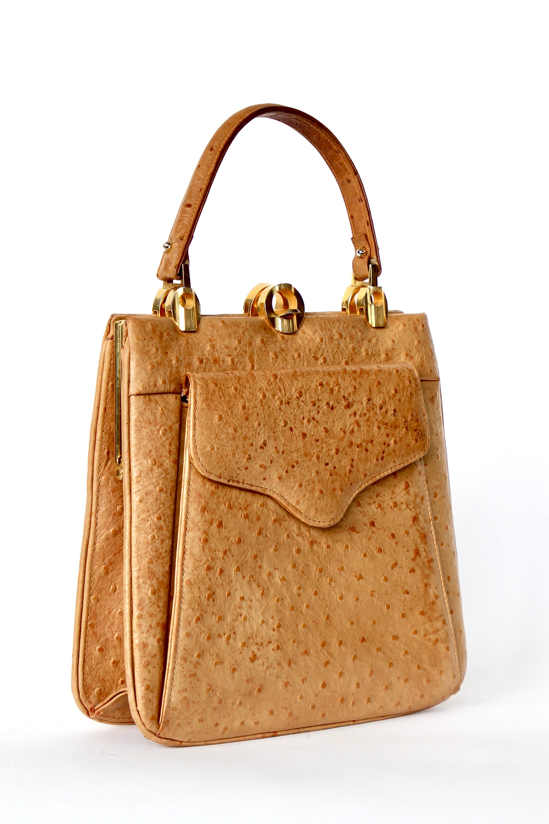 1940s Vintage Brown Ostrich Leather Top Handle Bag/Purse