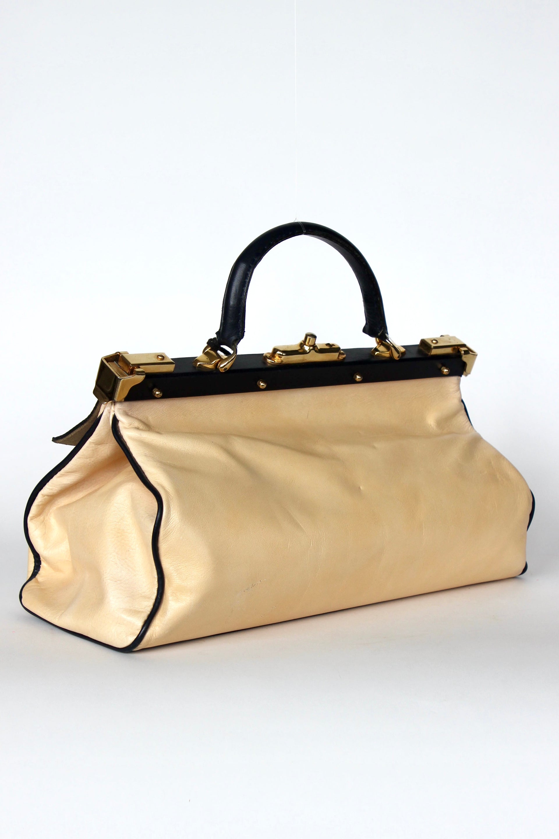 1950S 1960s Beige/Ivory Leather Top Handle Bag // Midwife Style Bag