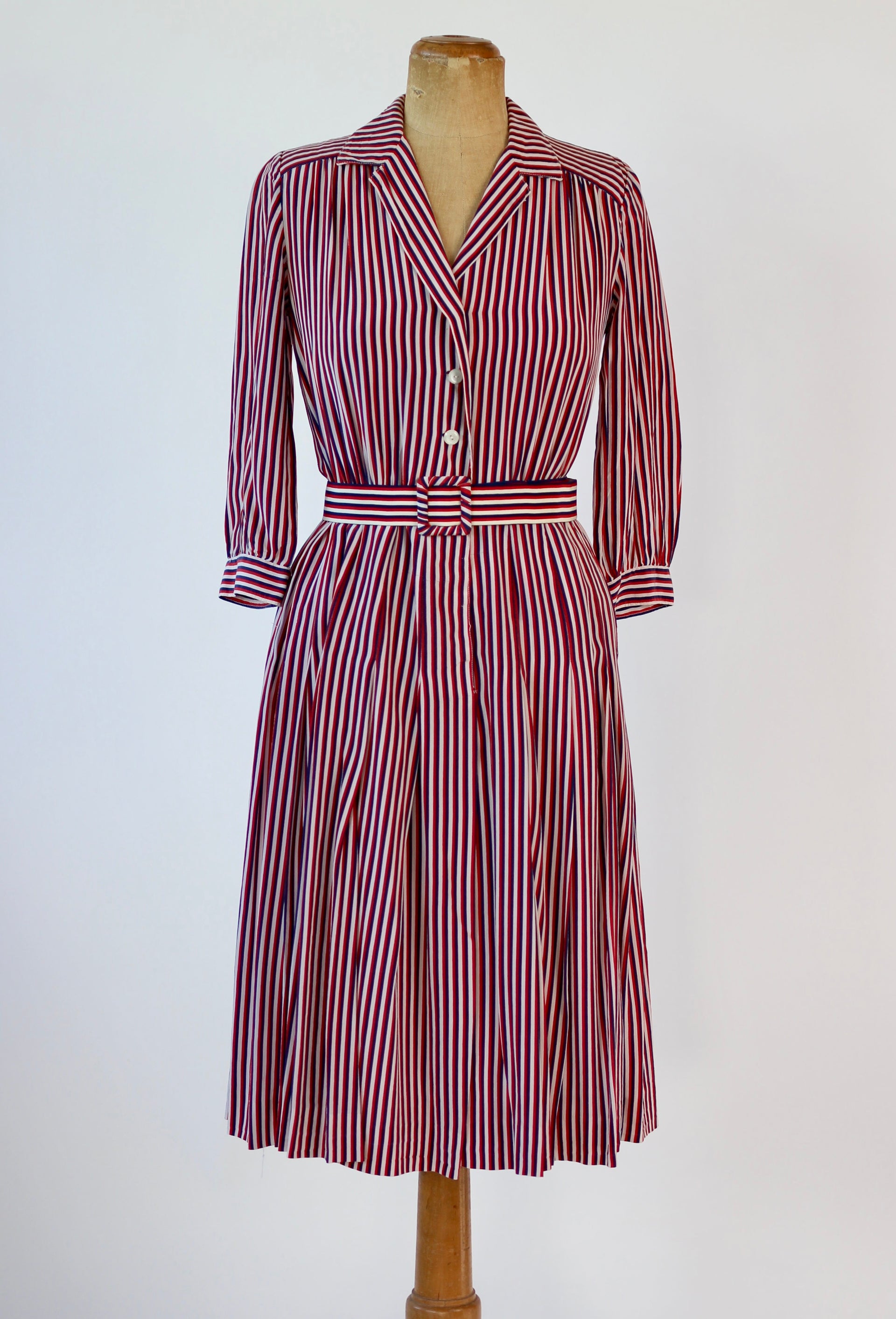 1940s Striped Silk Dress in Red, White and Blue // Size M