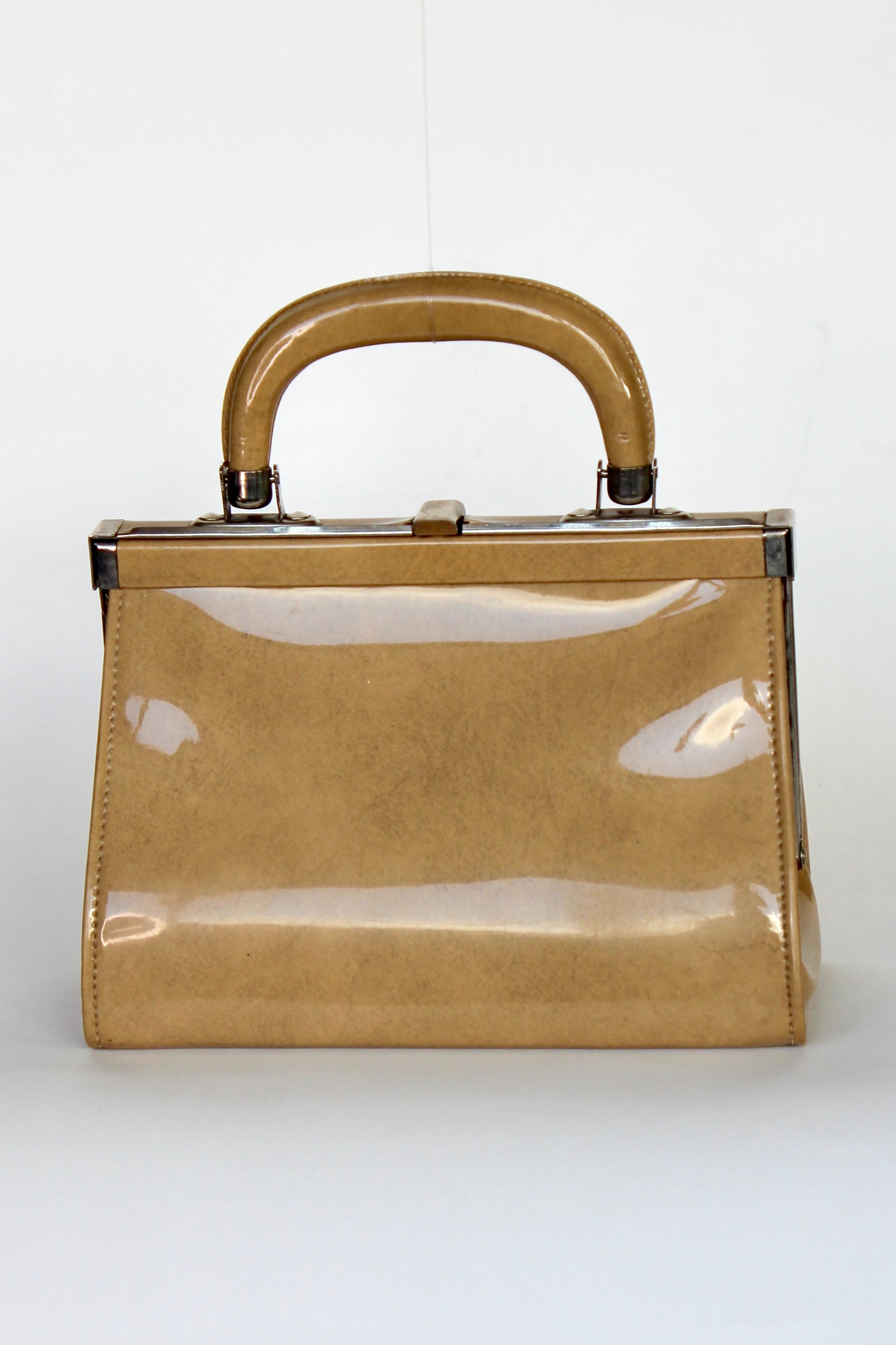 1960s Vintage Beige/Camel Vinyl Top Handle Bag/Purse with Silver Closure.