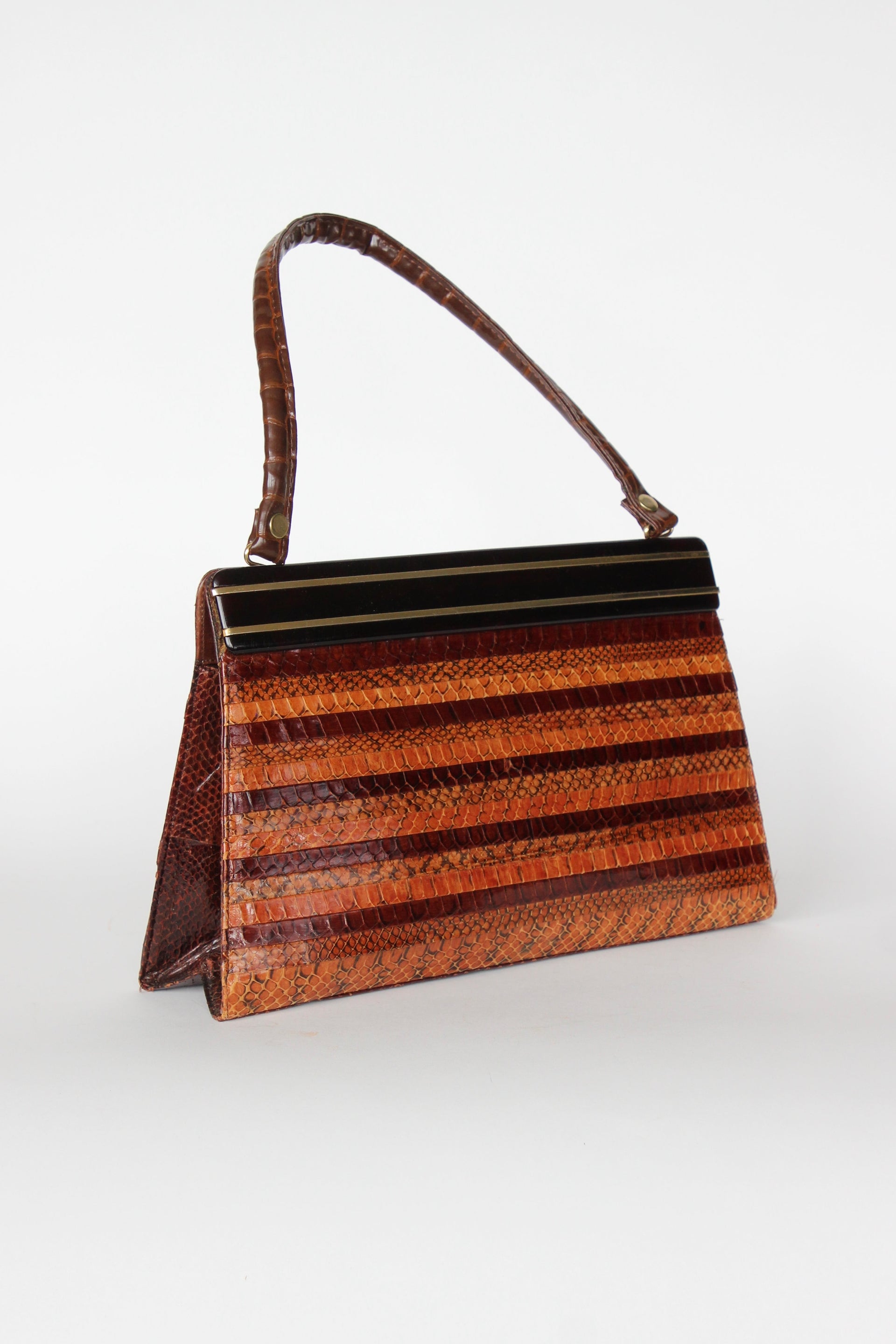 1950s 1960s Brown Snakeskin/Leather Top Handle Bag