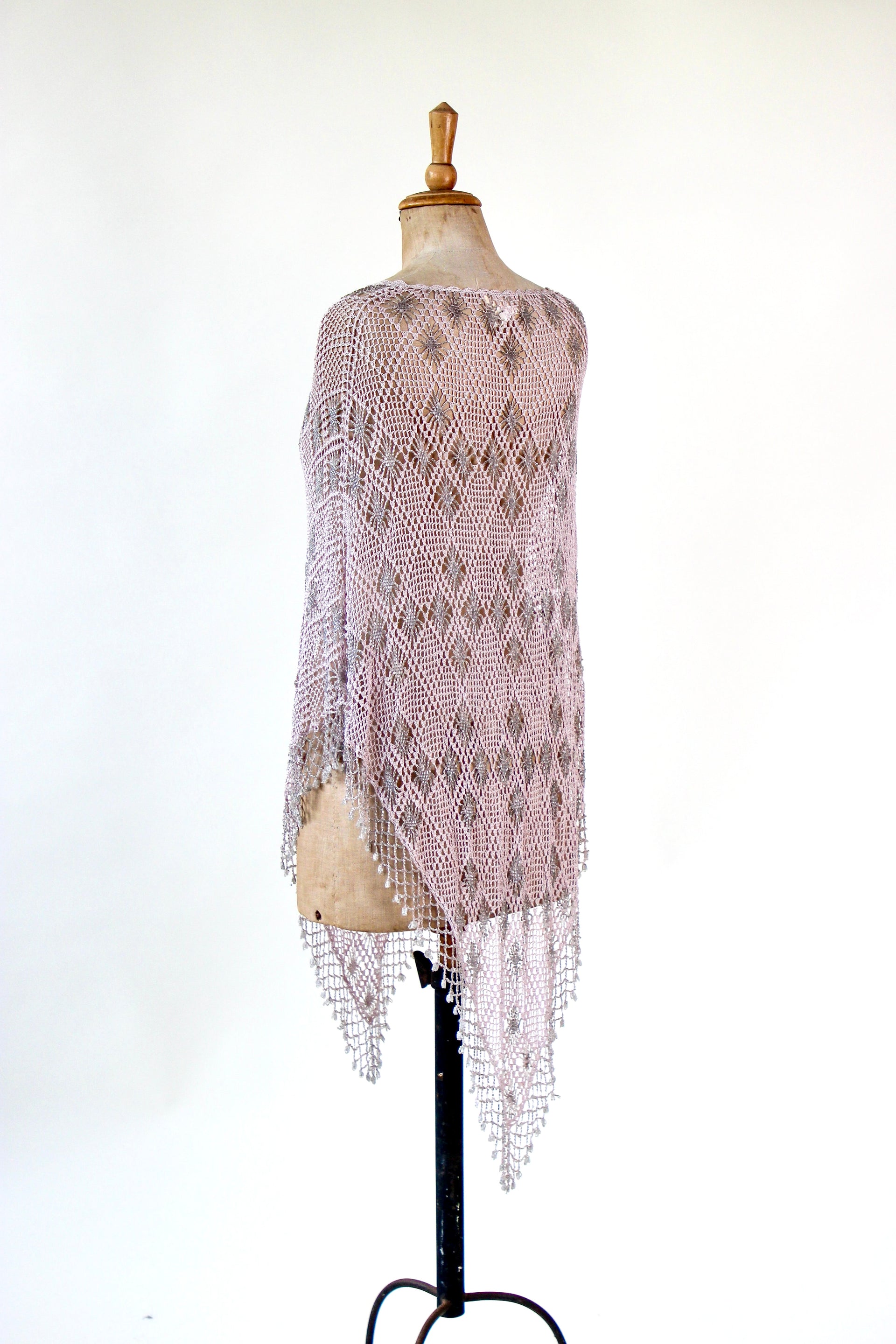 Vintage Pale Pink Beaded Crochet Poncho