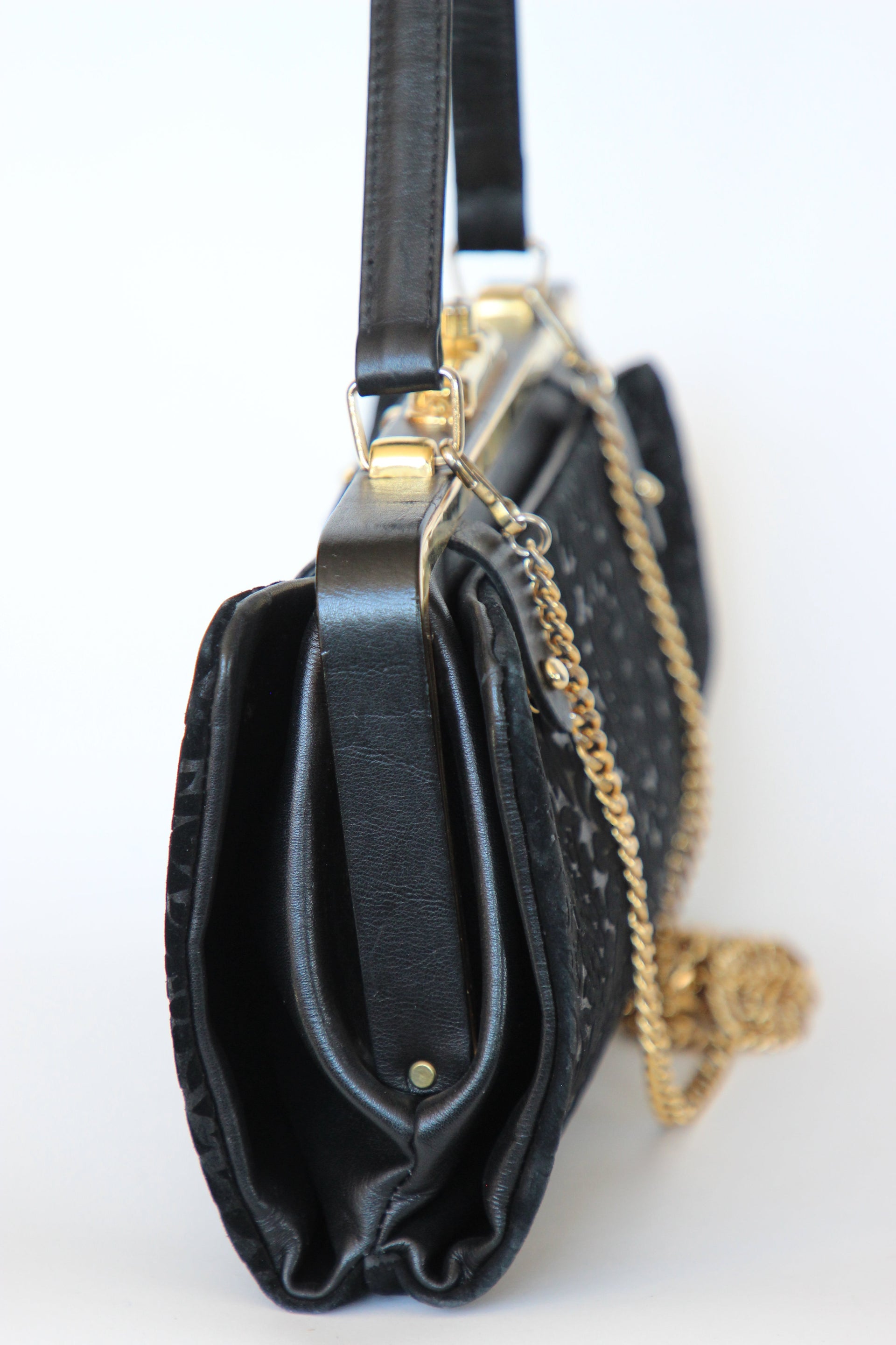 1960s Black Floral Suede/Leather Top Handle Bag/Shoulder Bag