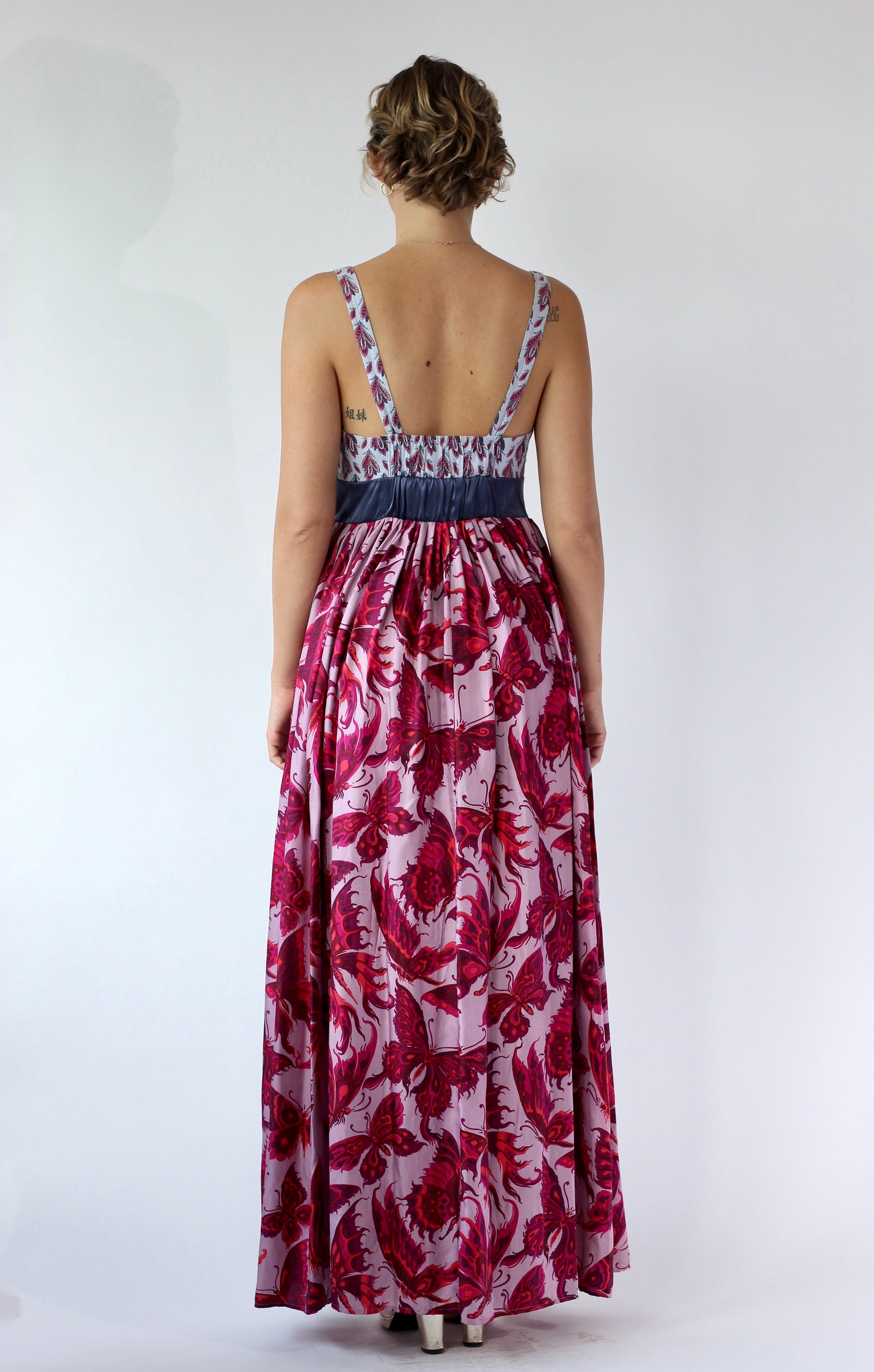 Y2K Purple Silk Maxi Silk Dress//Butterfly Print//Danish Design//Size L/XL