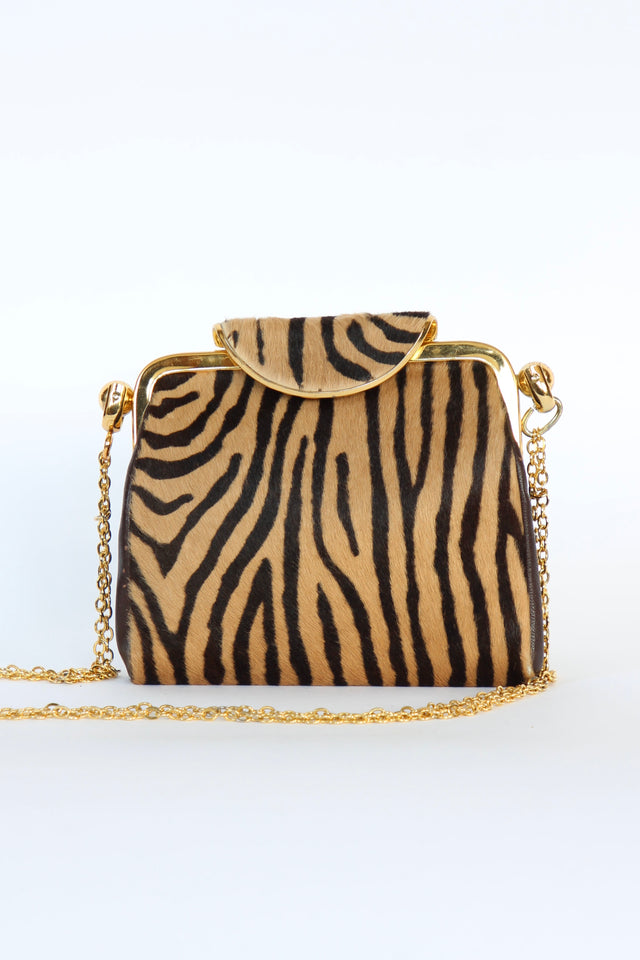 1960s Vintage Shoulder Bag with Zebra Pattern Fur and Brown Leather