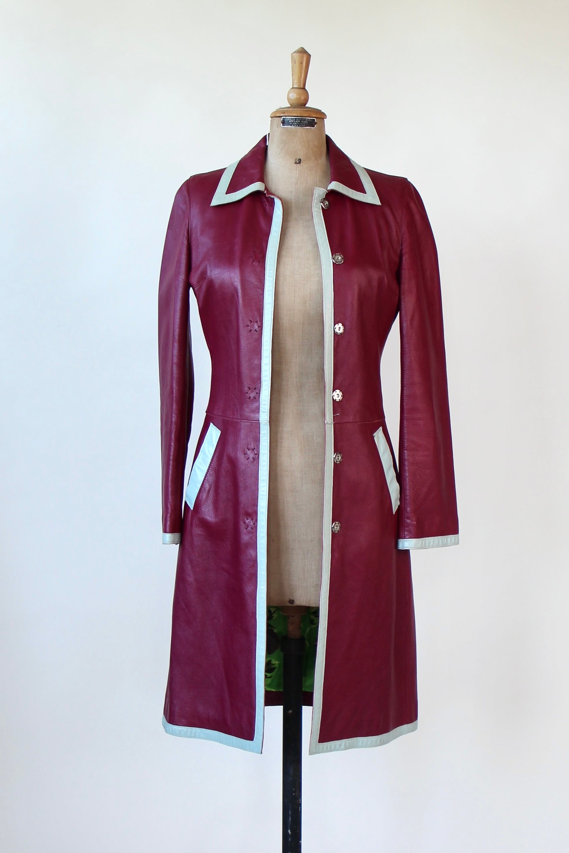 Y2K Italian Designer Burgundy Leather Trench Coat // Size XS/S
