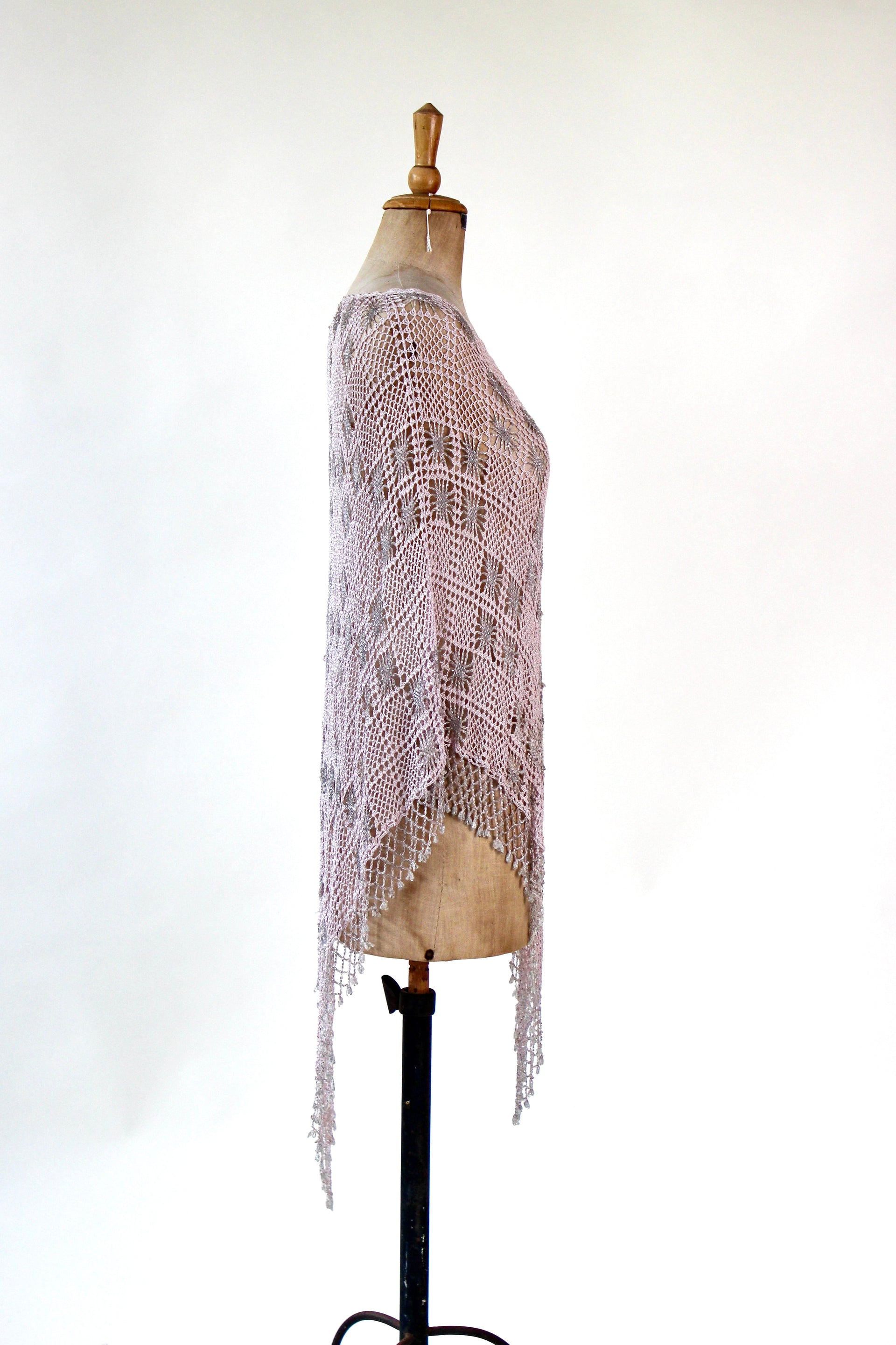Vintage Pale Pink Beaded Crochet Poncho