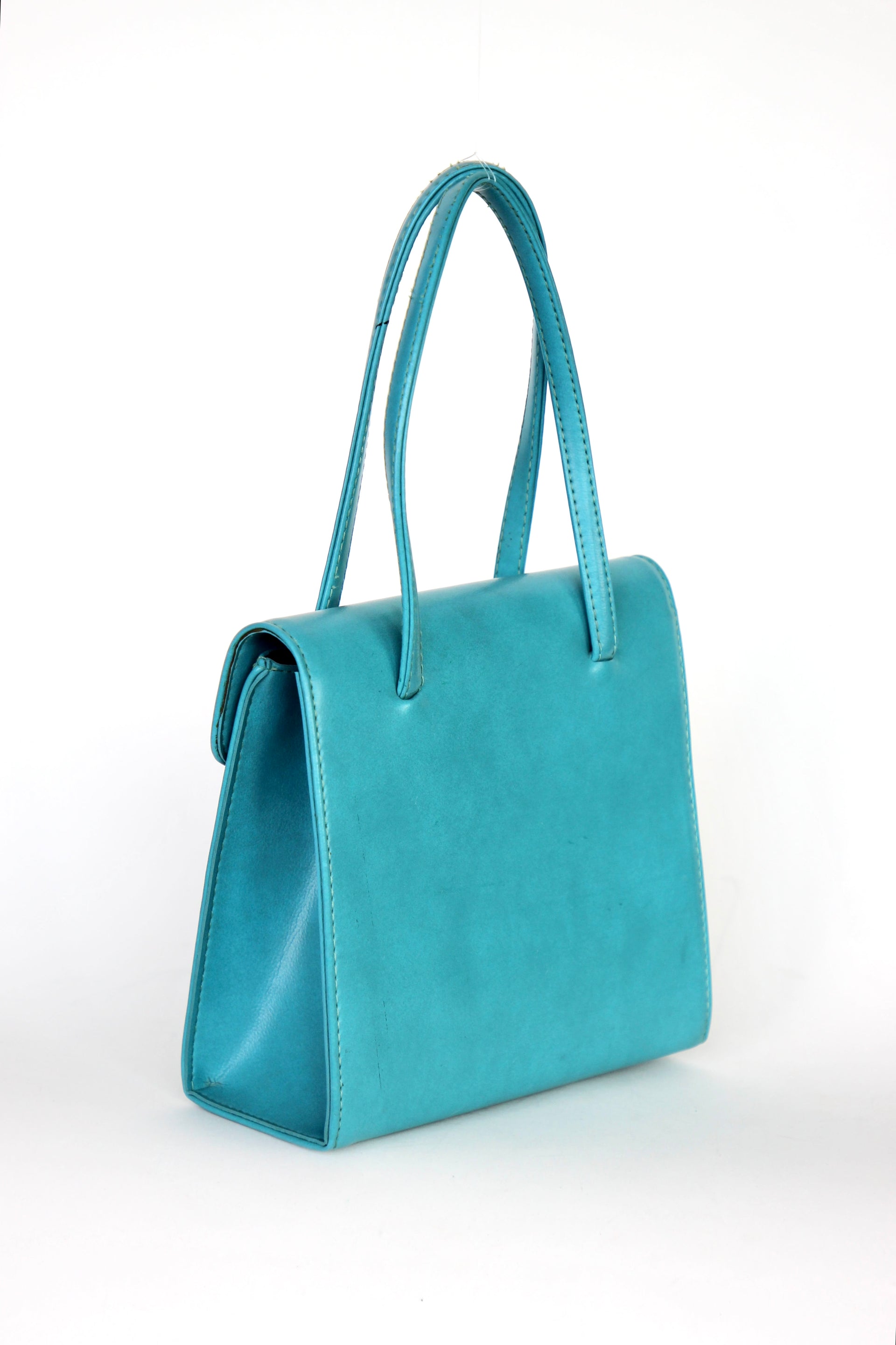 1970s Vintage Blue Vinyl Purse / Top Handle Bag