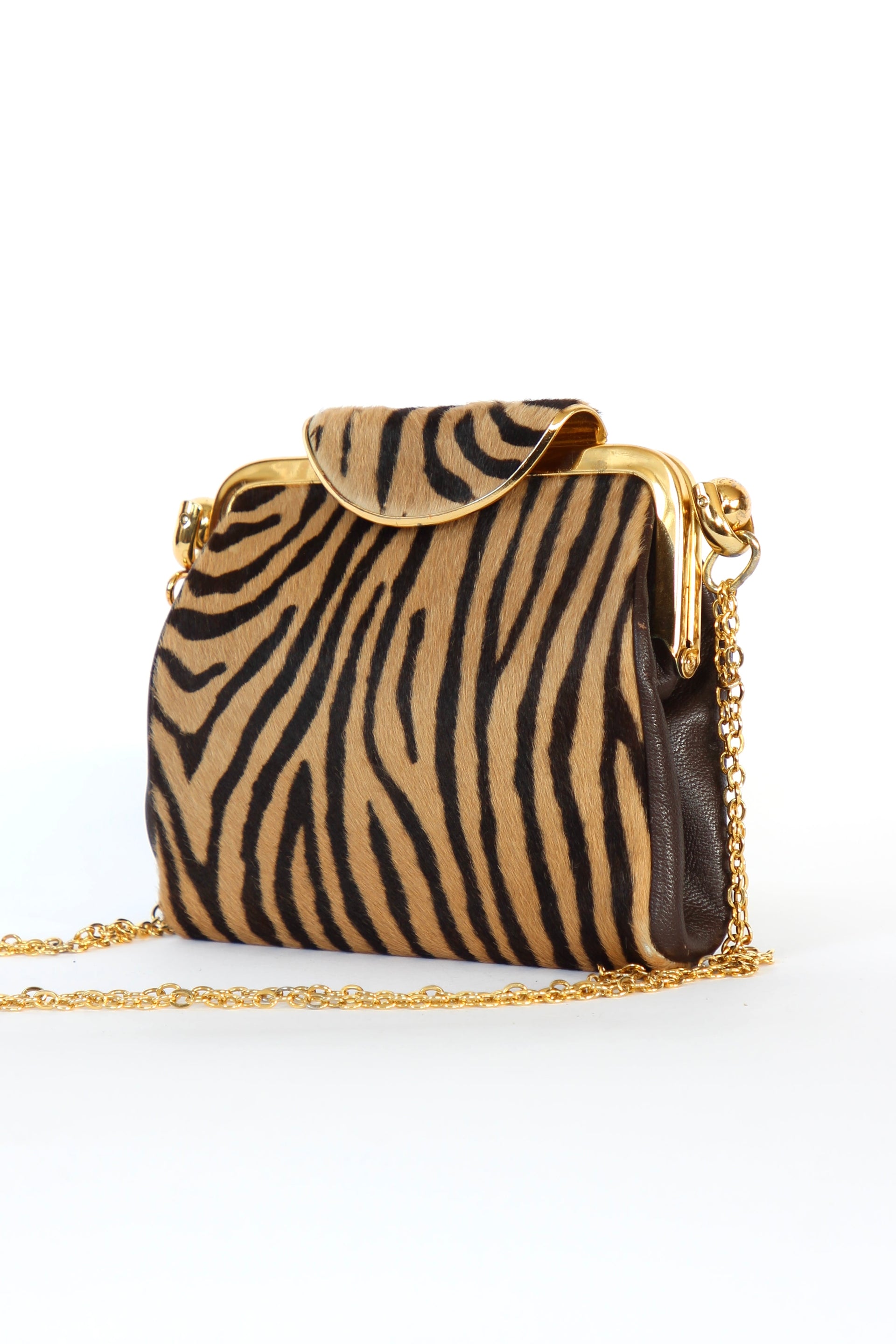 1960s Vintage Shoulder Bag with Zebra Pattern Fur and Brown Leather