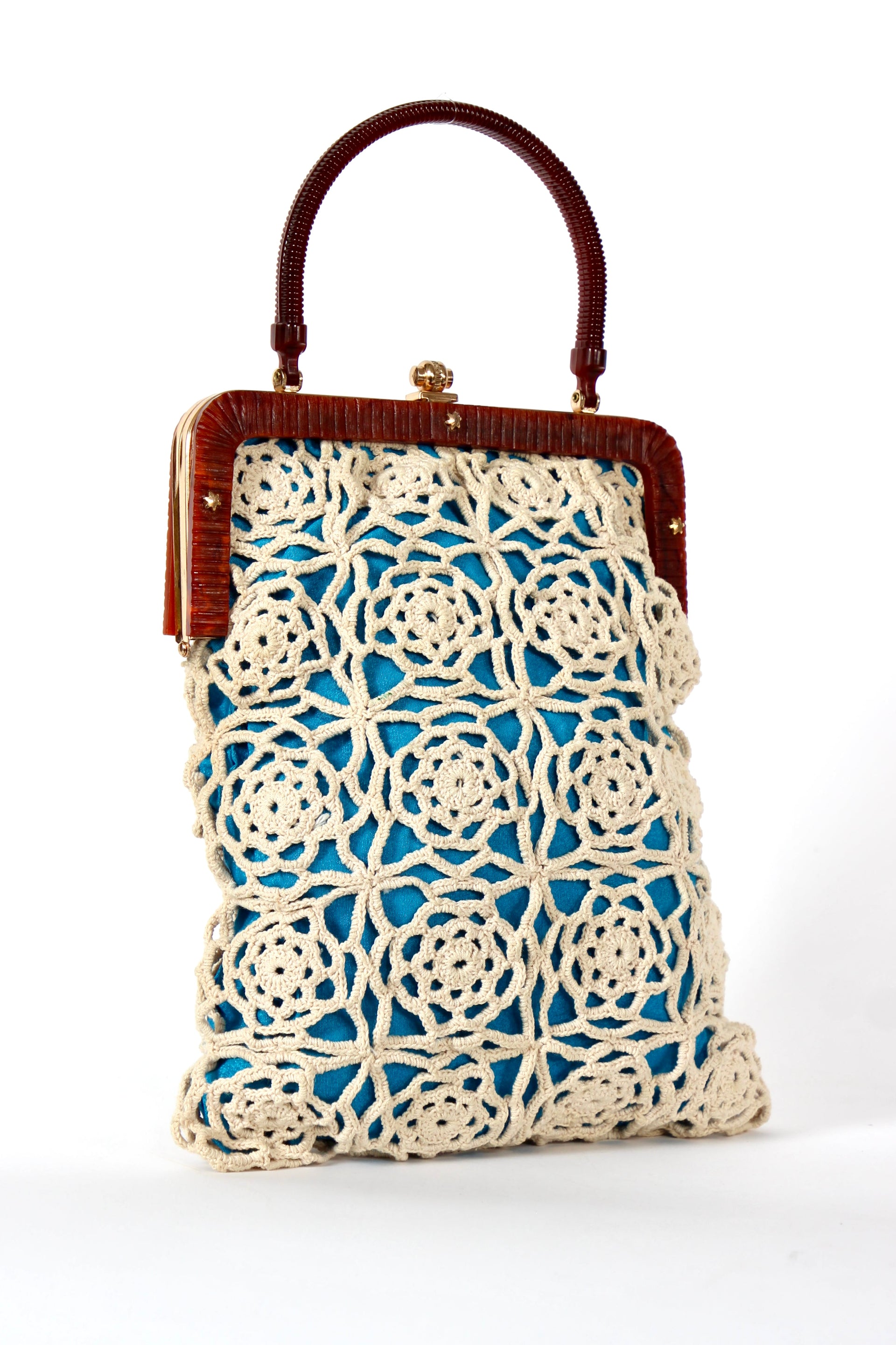 1960s Vintage Handmade Crochet Bag with Plastic Handle and Frame