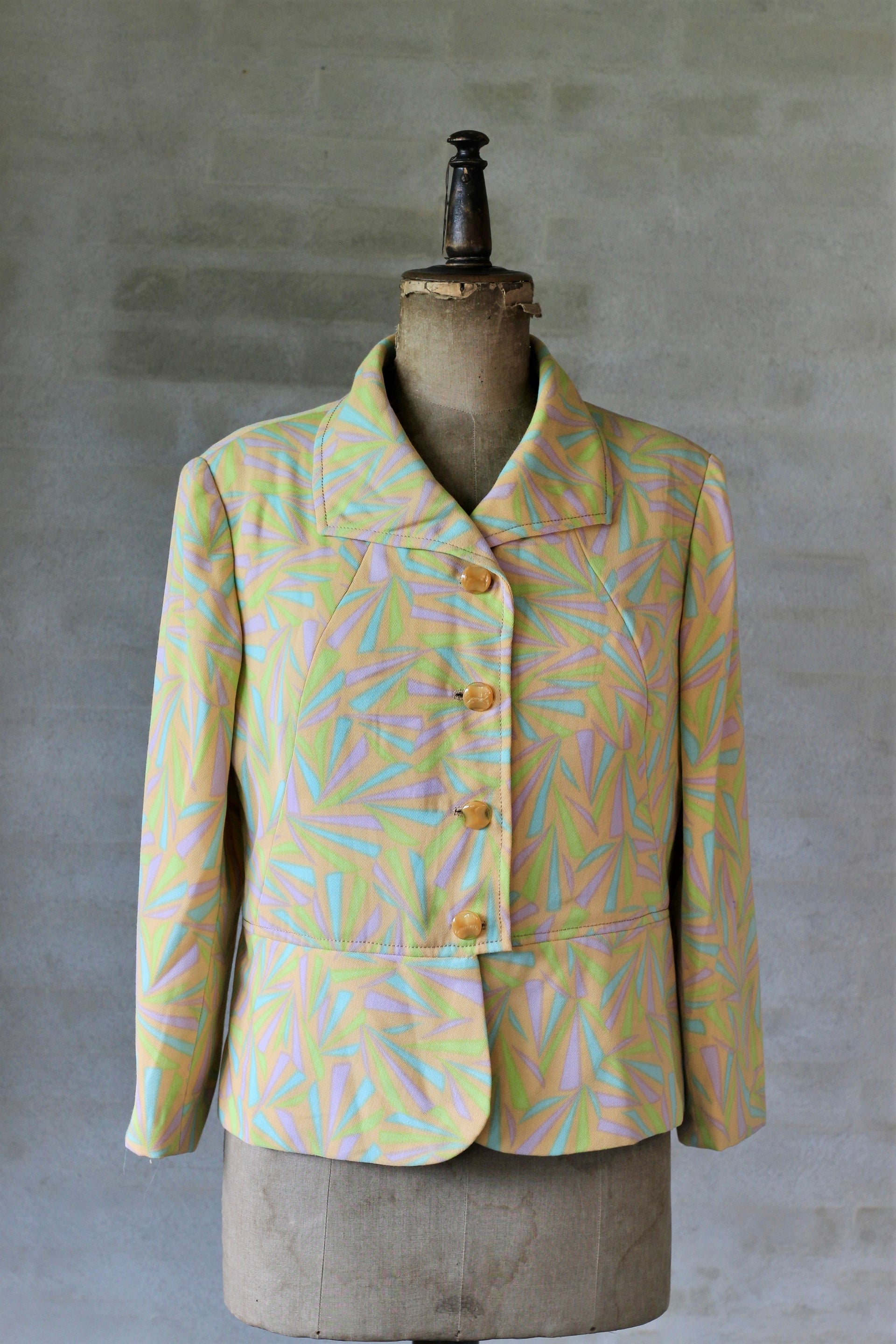 1960s 1970s Peplum Jacket/Psychedelic Yellow/Size L.