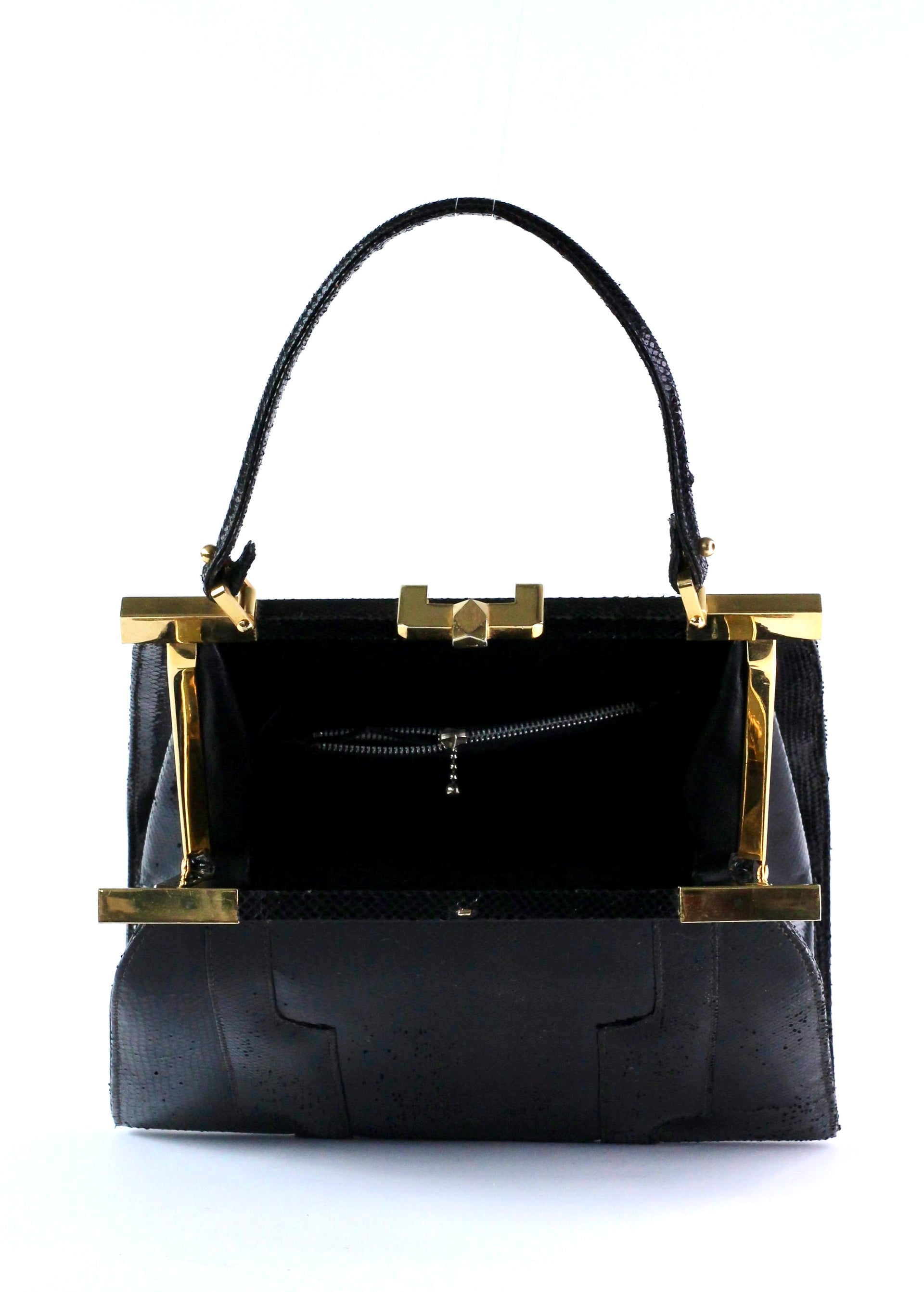 1950s Vintage Black Leather Top Handle Bag