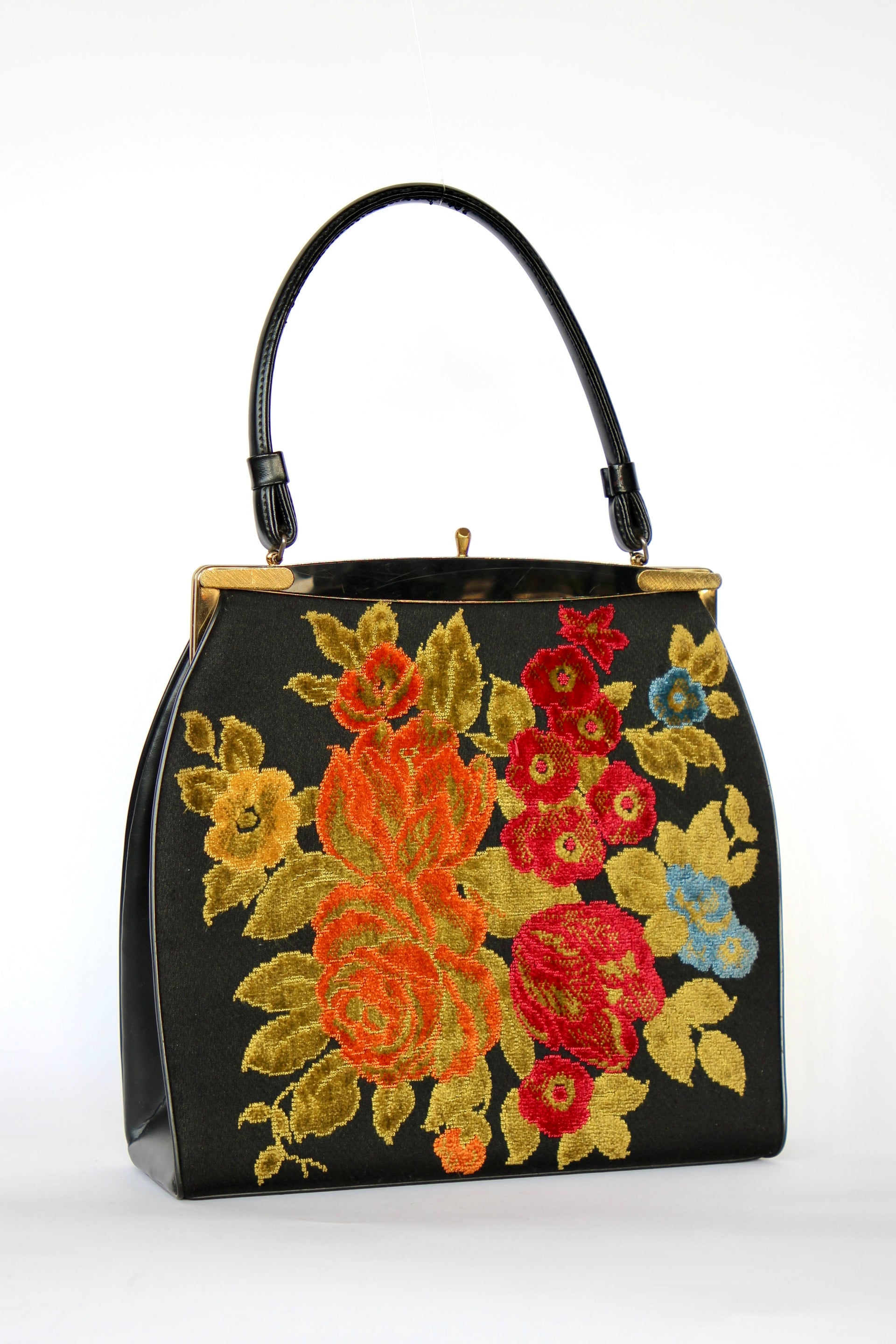 1940s 1950s Vintage Large Black Embroidered Top Handle Bag