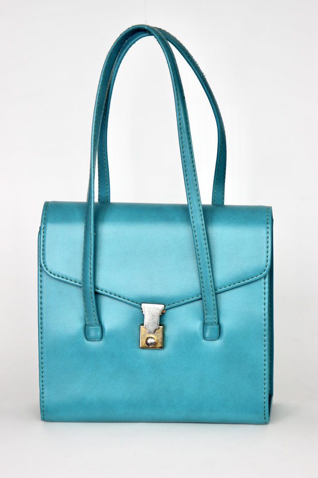 1970s Vintage Blue Vinyl Purse / Top Handle Bag