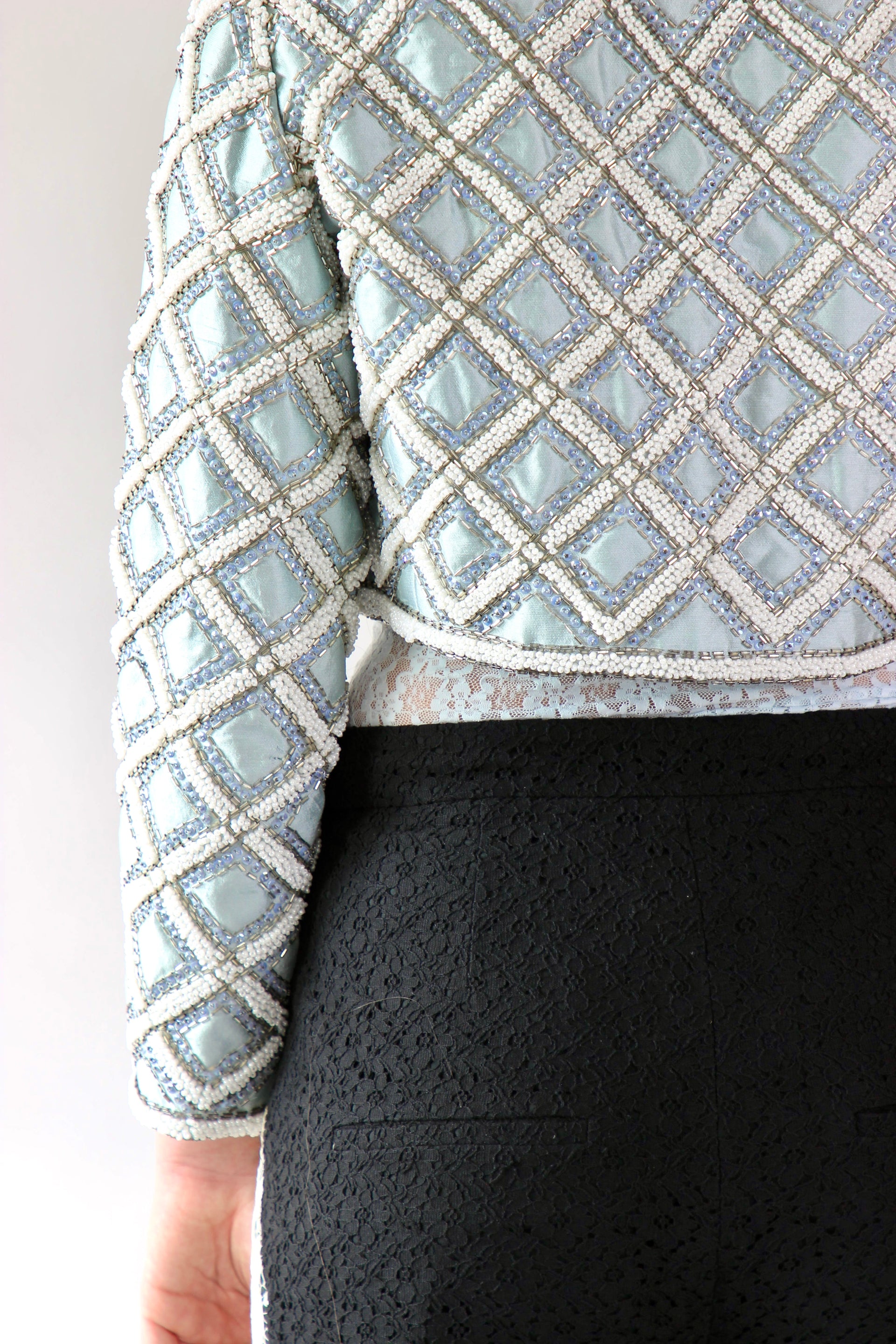 1950s 1960s Vintage Ice Blue Beaded Cropped Jacket/Bolero // Size S/M