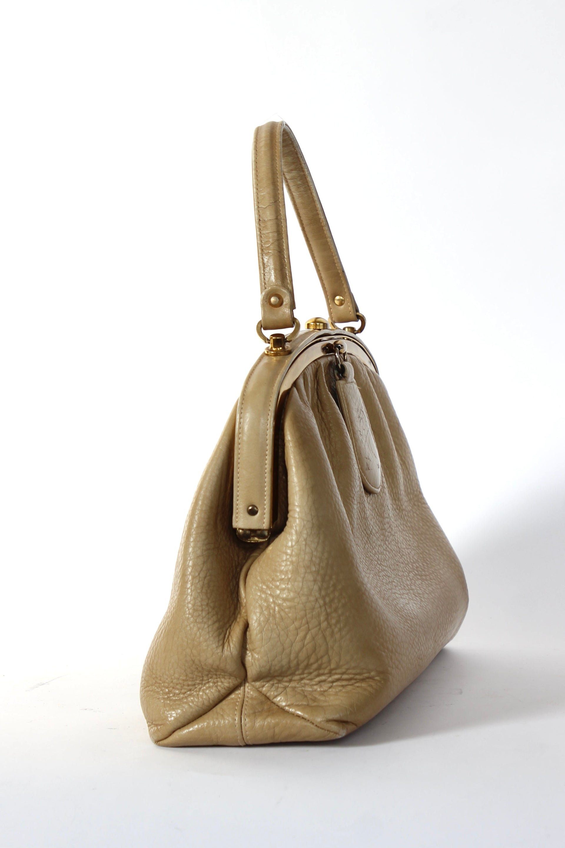 1960s Vintage Beige Leather Top Handle Bag with Green Leather Linen